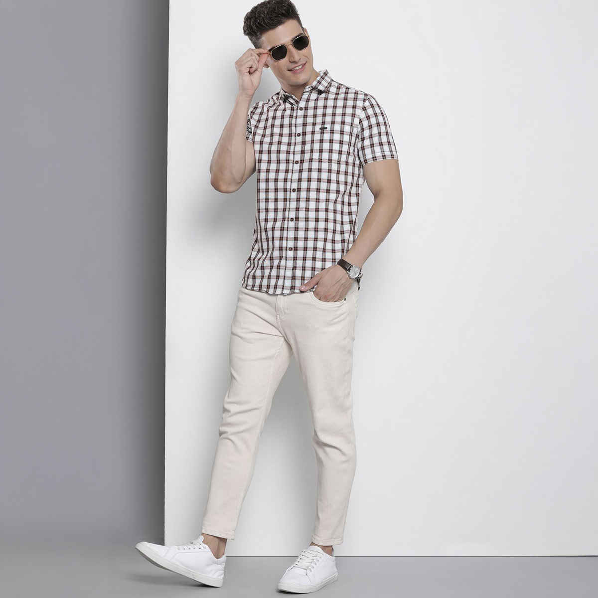 The Indian Garage Co Men's Slim Fit Checkered Casual Half Sleeve Shirt | Brown - L