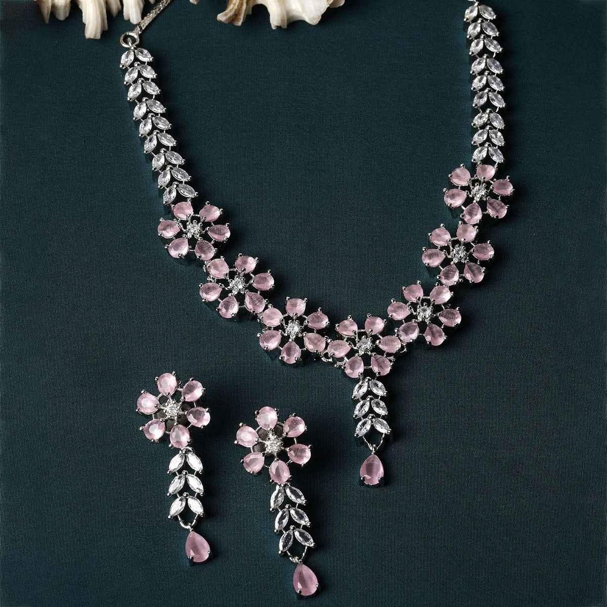Zeneme Rhodium-Plated Pink American Diamond Necklace Earrings Jewellery Set for Women & Girls