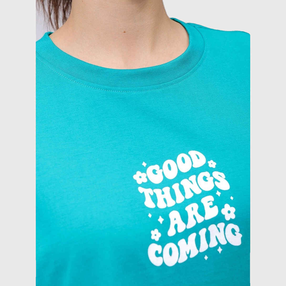 Freehand Women's Regular Typographic Oversized T-shirt | 0424-Zfhostee3A-04 | Teal Green - S