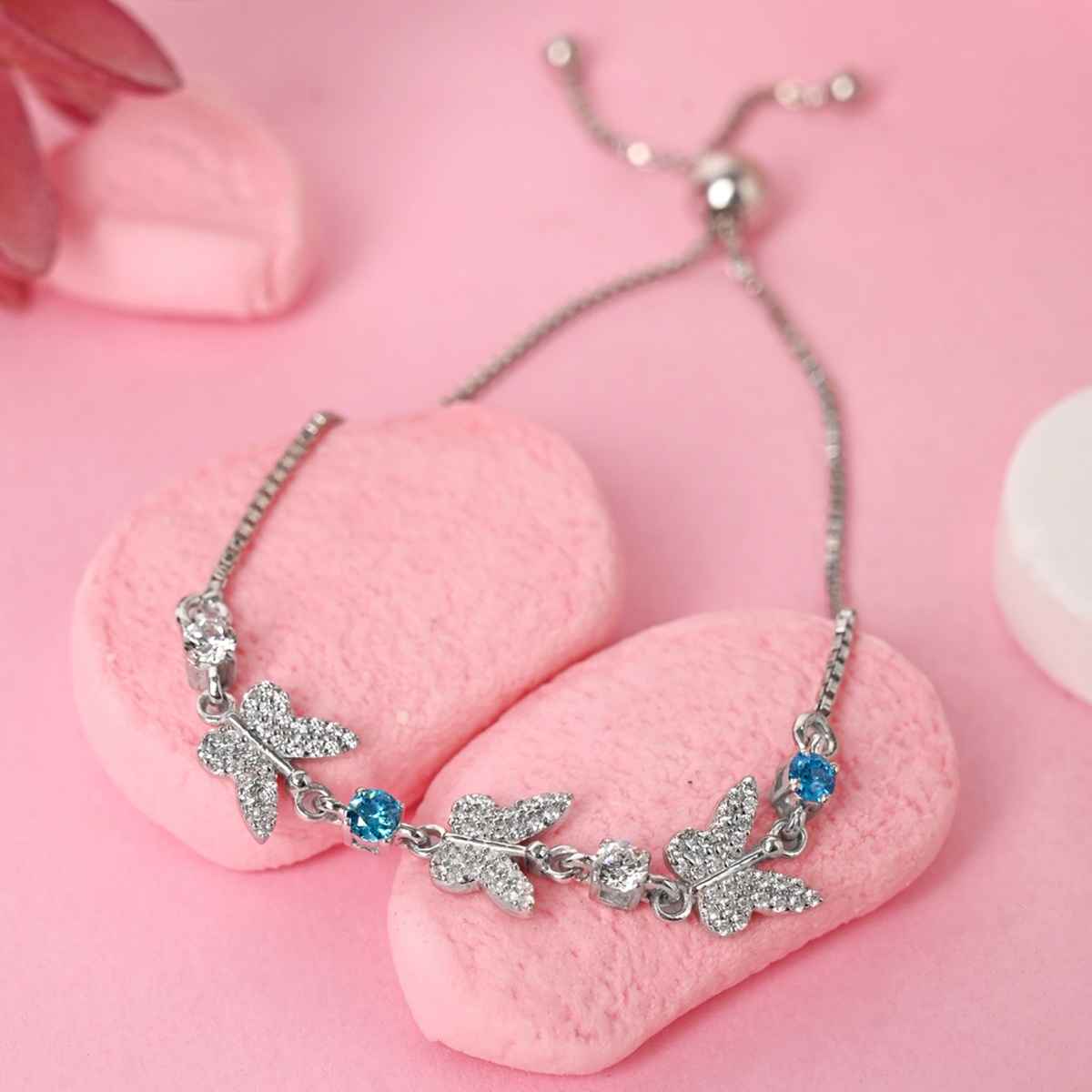 Clara 925 Pure Silver Blue Butterfly Hand Bracelet | Adjustable | Anti Tarnish | Swiss Zirconia