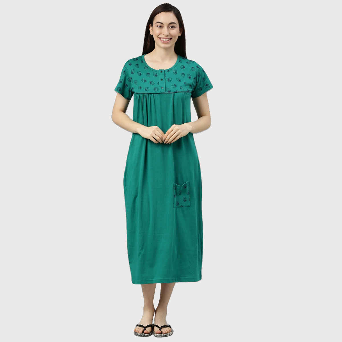 Kryptic Women Printed Pure Cotton Maxi Nightdress | Dark Teal Green - M