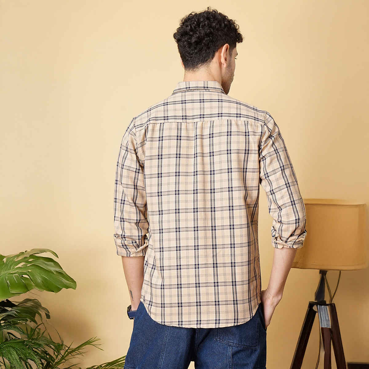 The Indian Garage Co Men's Slim Fit Checked Casual Shirt | Beige - S