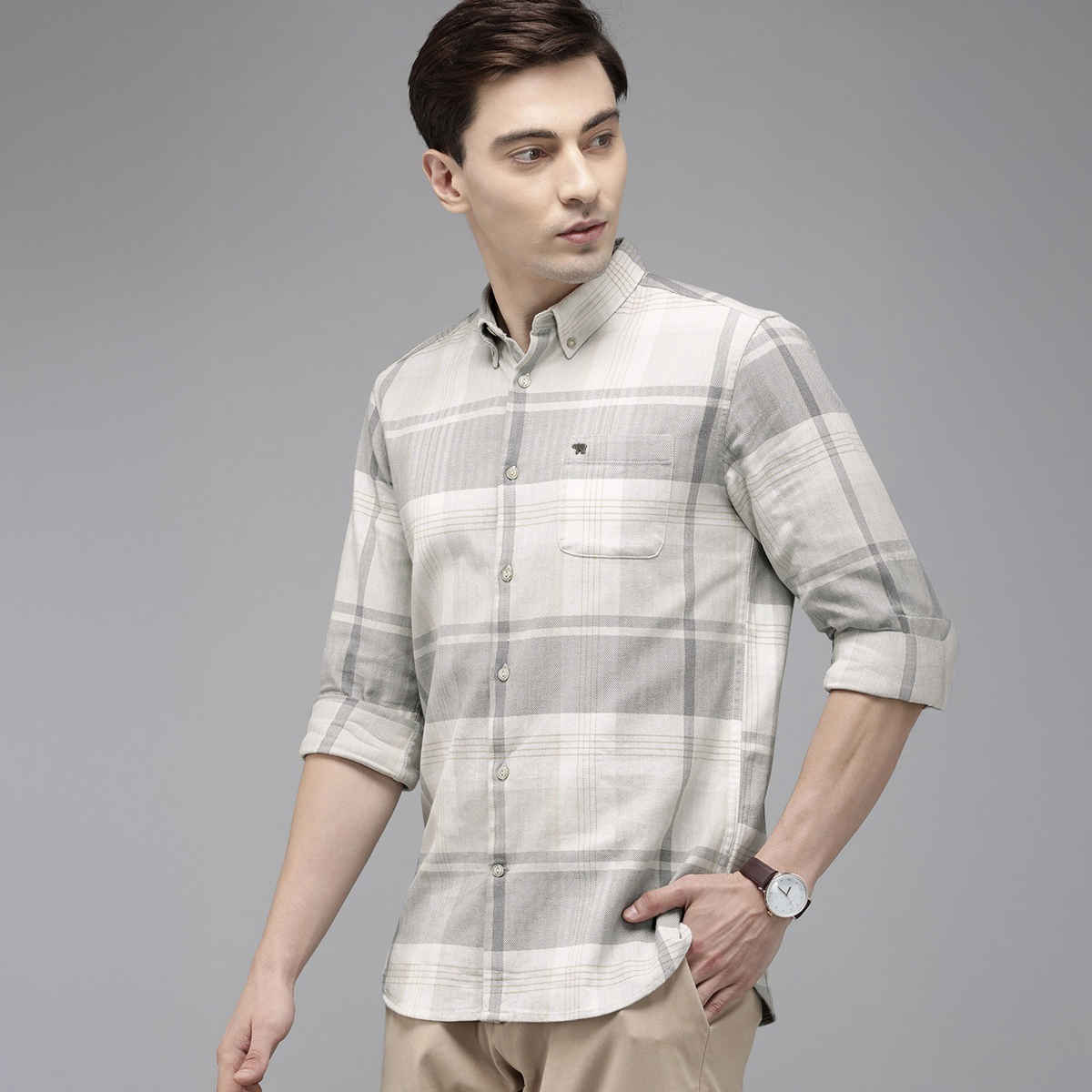 The Bear House Men Slim Cream & Grey Checked Shirt Style-Amber Color -Cream Size - XL