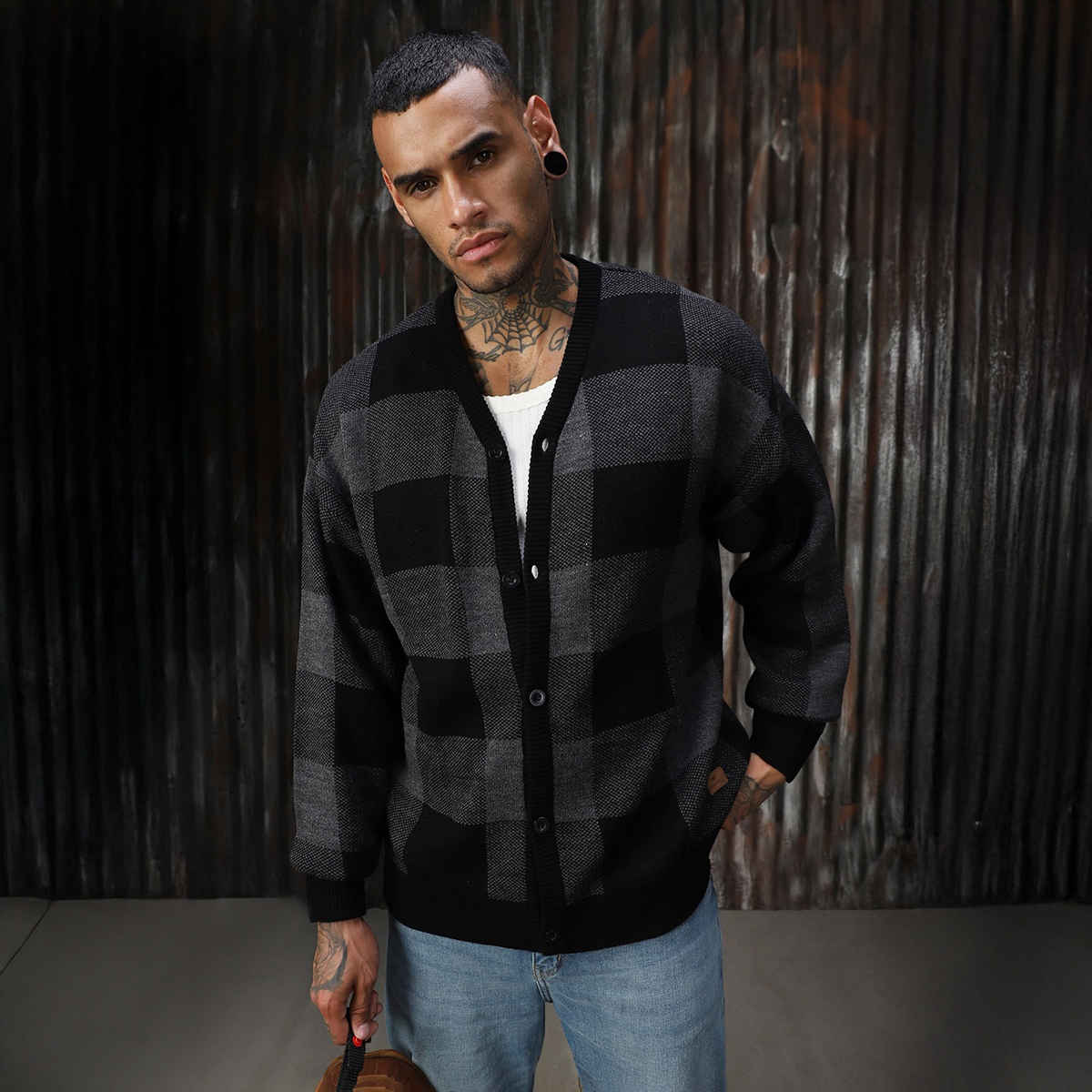 High Star Men's Checked Oversized Fit Cardigan Sweater | Grey - S