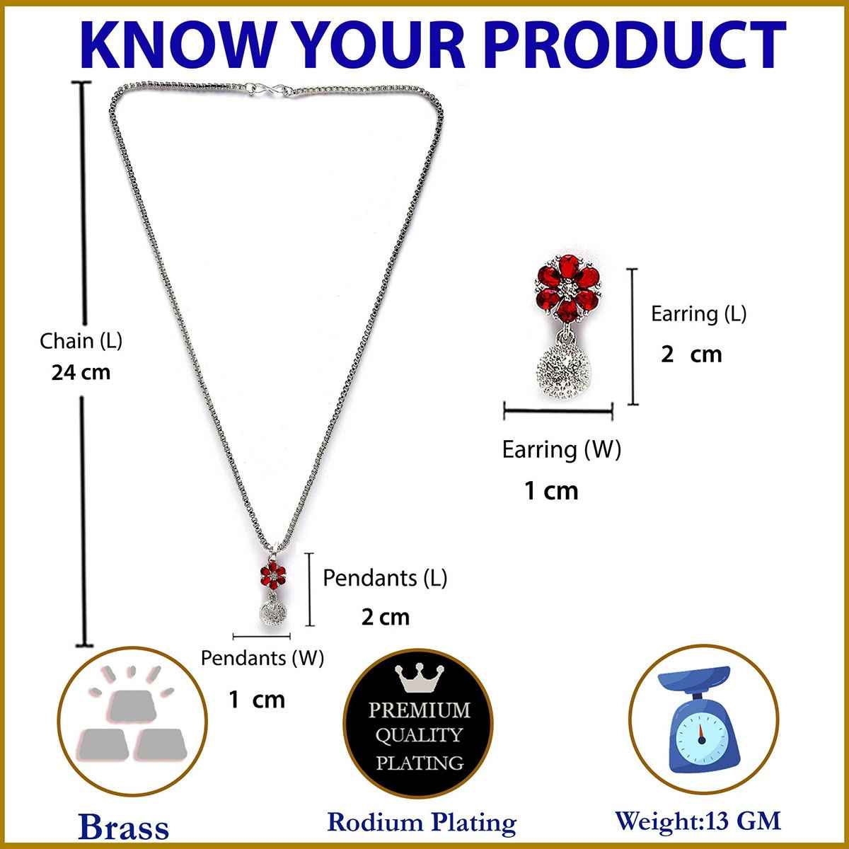 Zeneme Rhodium-Plated Silver Red CZ-AD Floral Cute Pendant Earrings Jewellery Set For Women & Girl
