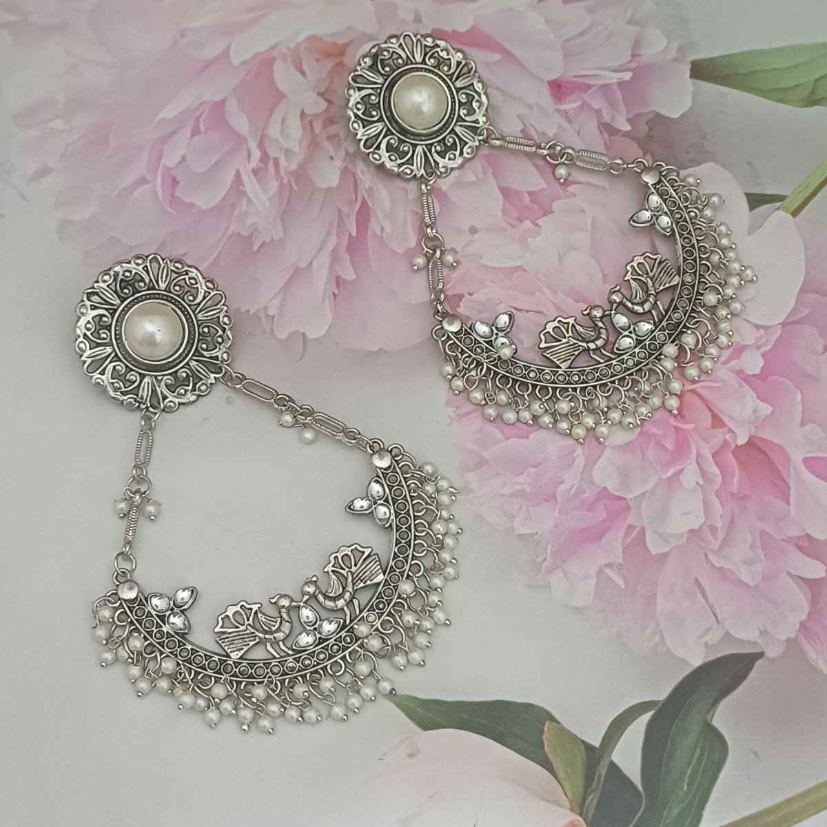 Oxidised Chandelier Earrings with Moti Work Long
