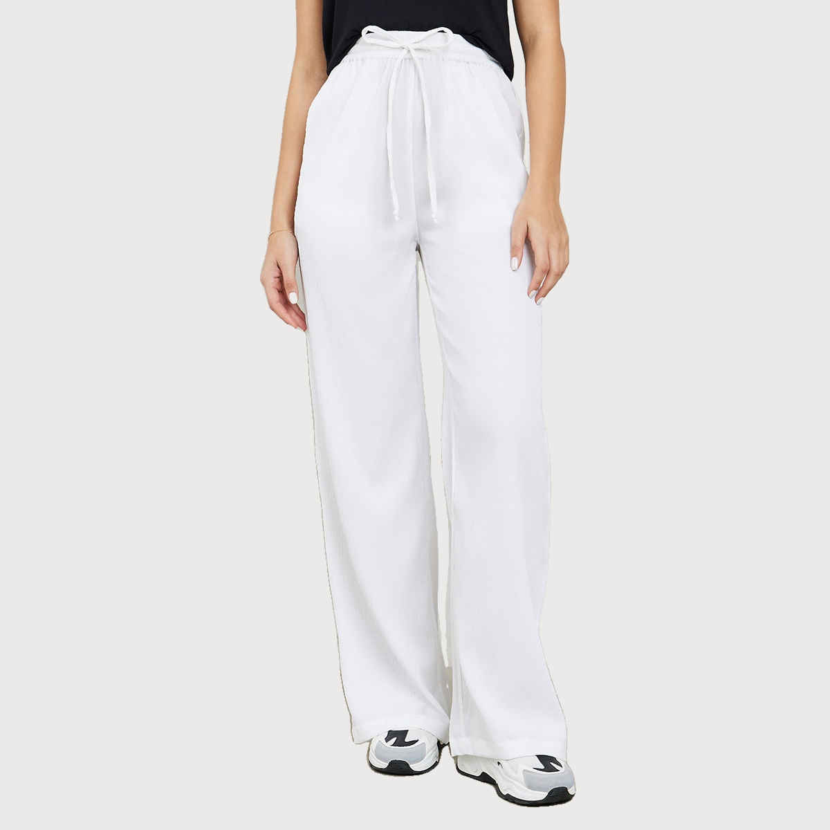 Styli Women's Wide Leg Pants with Side Pocket and Textured Fabric | Off White - 26