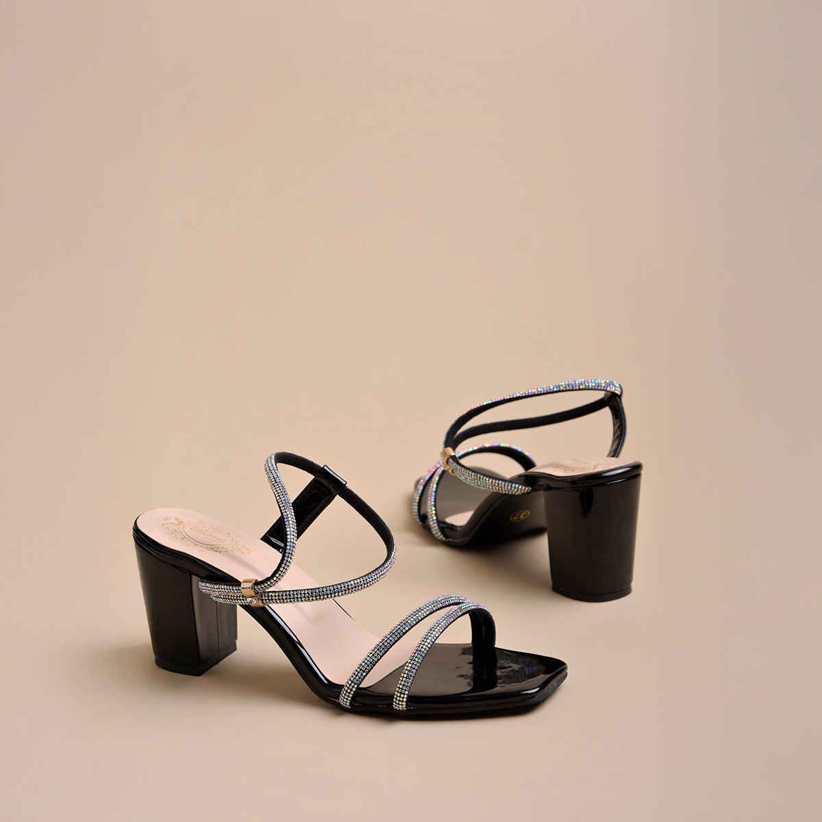 Shoetopia Women's Embellished Rhinestones Strap Heels | Heel-1246 | Black - UK 3