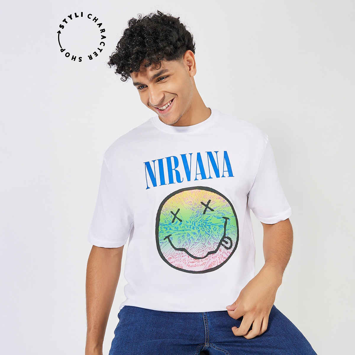 Styli Men's Oversized Tee with Nirvana Graphic Sticker Print in Compact Jersey | White - L