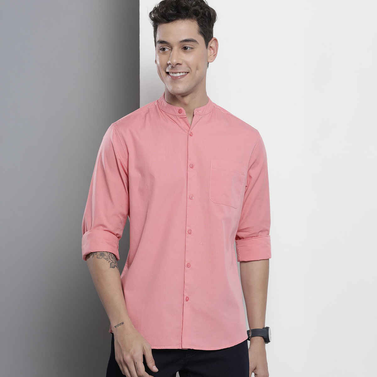 The Indian Garage Co Men's Regular Fit Solid Casual Shirt | Pink - L