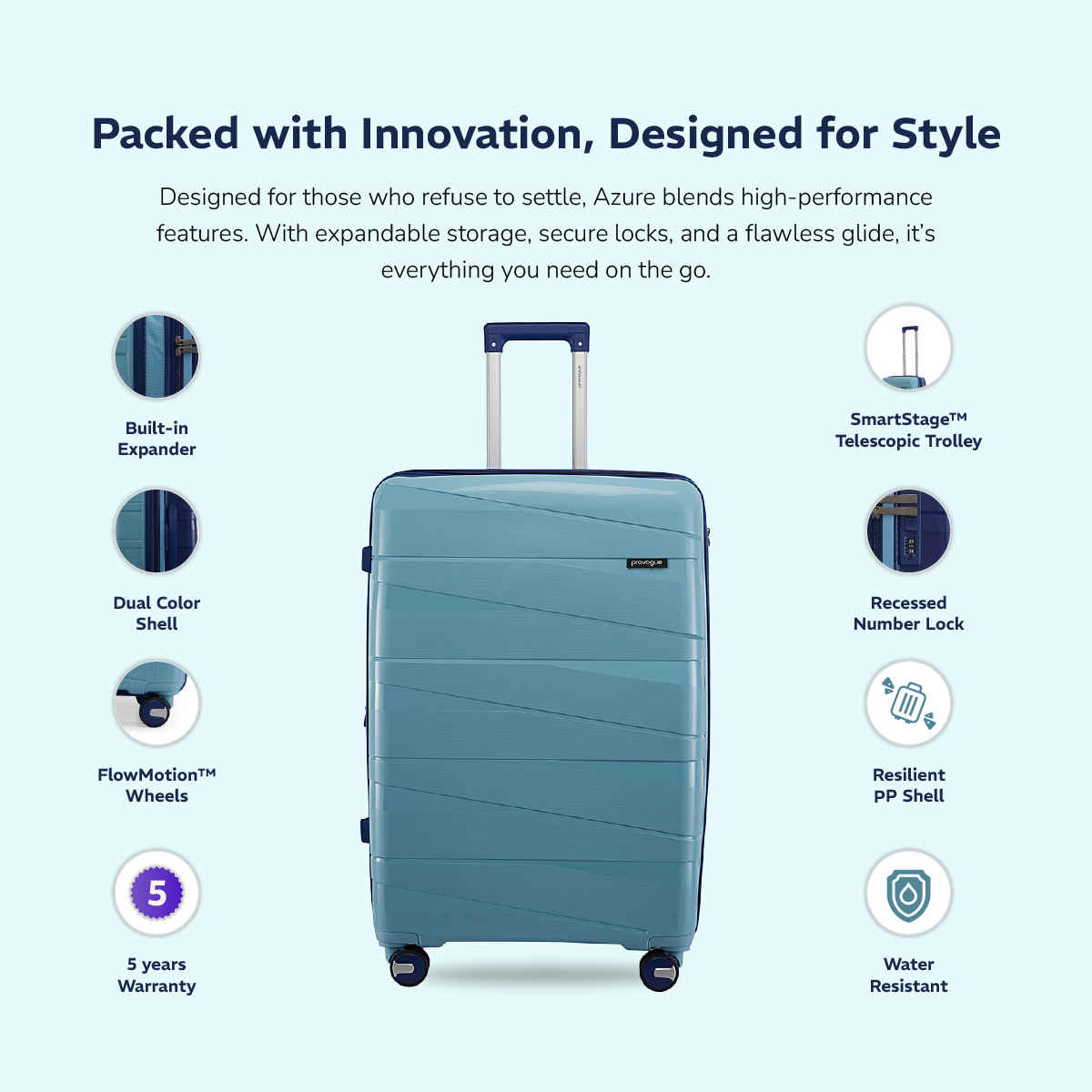 Provogue Azure Hard-Sided PP Cabin Luggage Trolley Bag | Saphire Blue-Peacock Blue - 55 cm