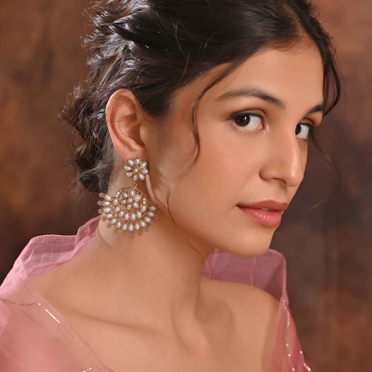 Fida Pearl Bloom Floral White Chandbali Earrings