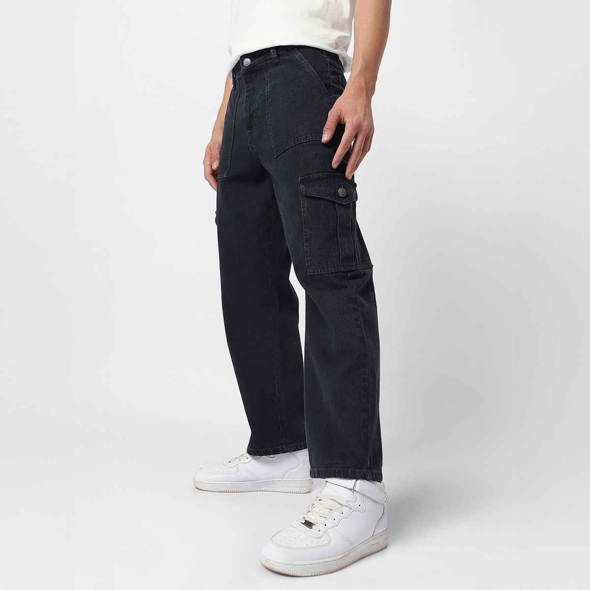 Urbano Fashion Men Dark Grey Loose Baggy Fit Cargo Jeans With 6 Pockets Non-Stretchable-30