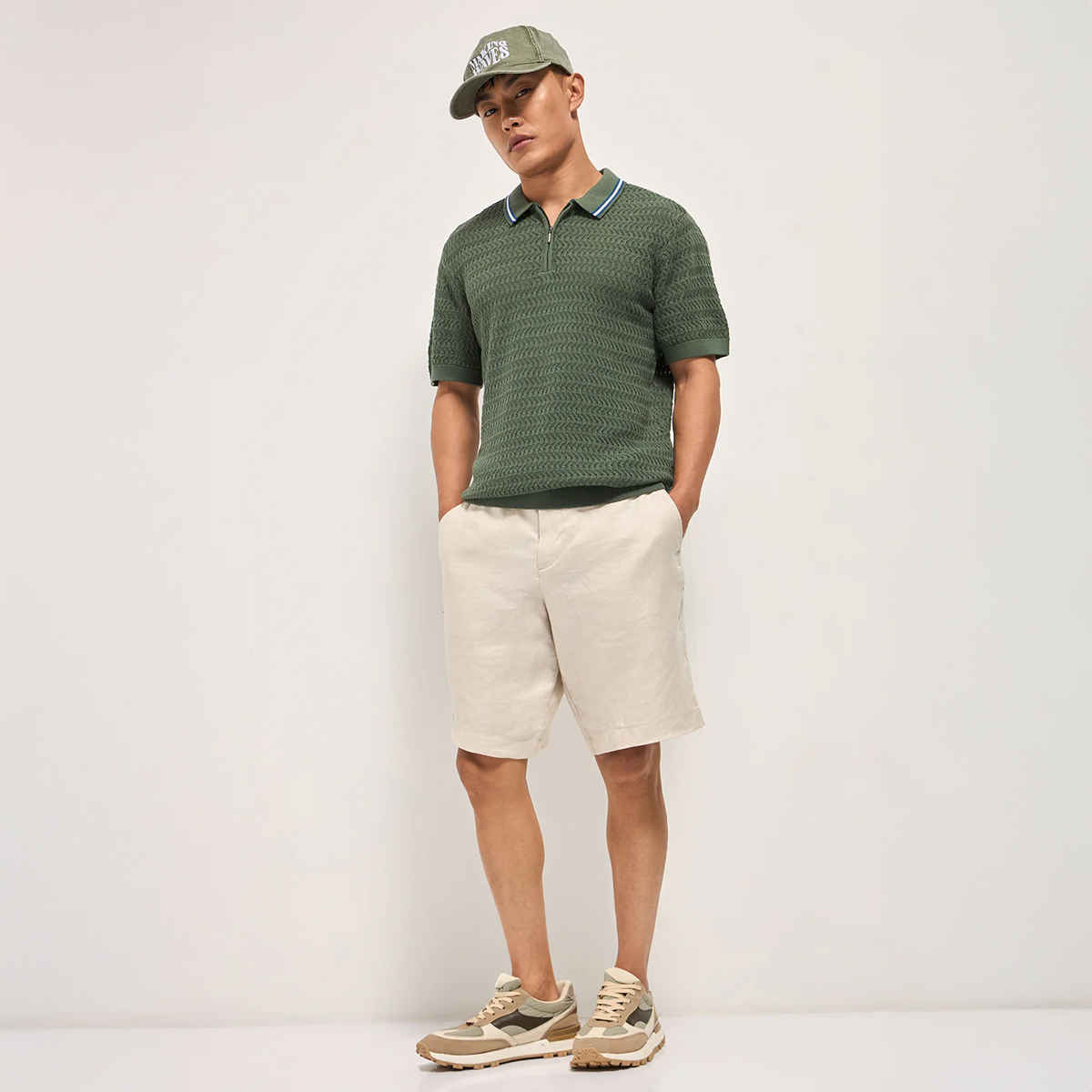 The Bear House Men's Textured Knit Design Regular Fit Polo with Zipper Placket | Green - XL