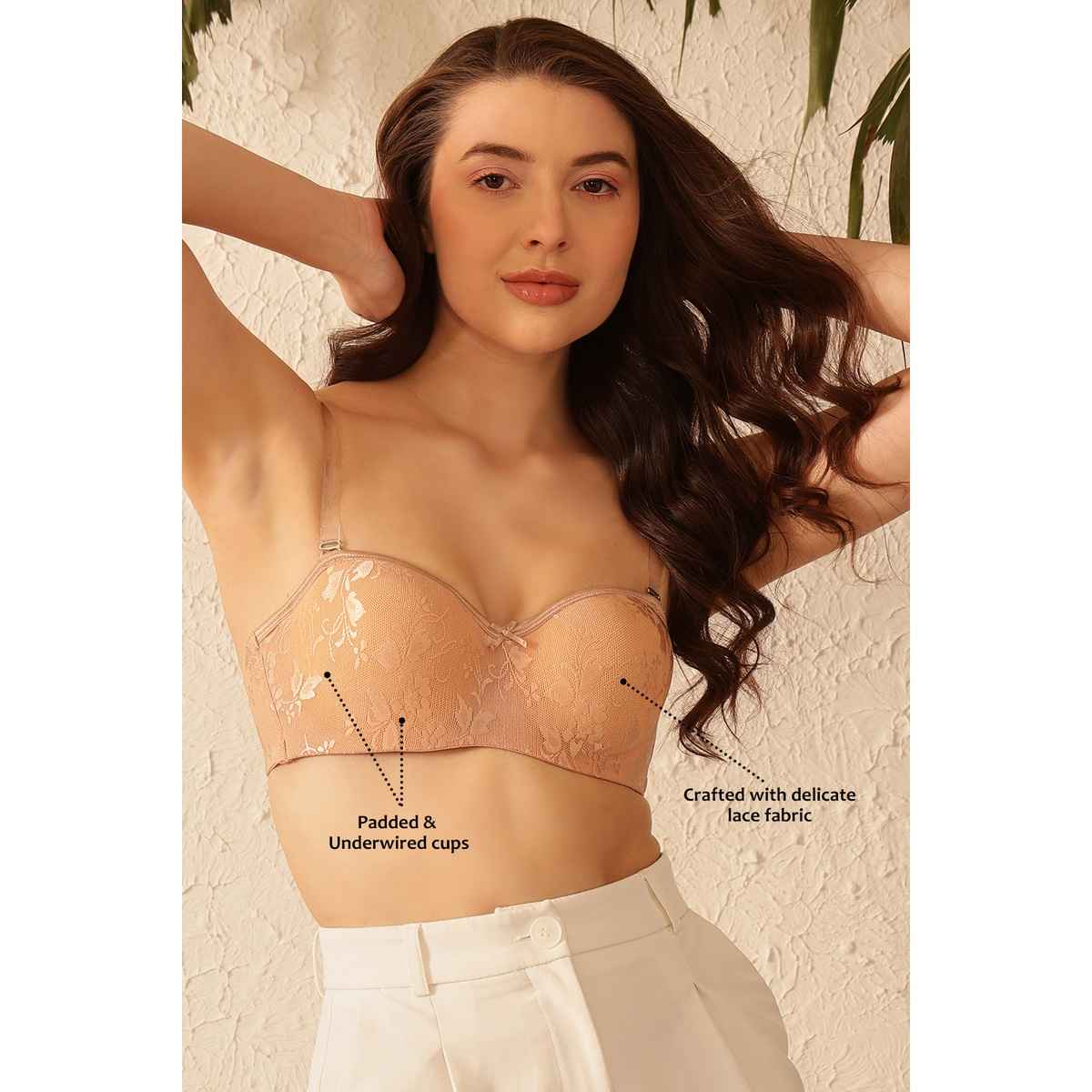 Clovia Women Padded Underwired Full Coverage Strapless Bra - Lace | Beige | 34D