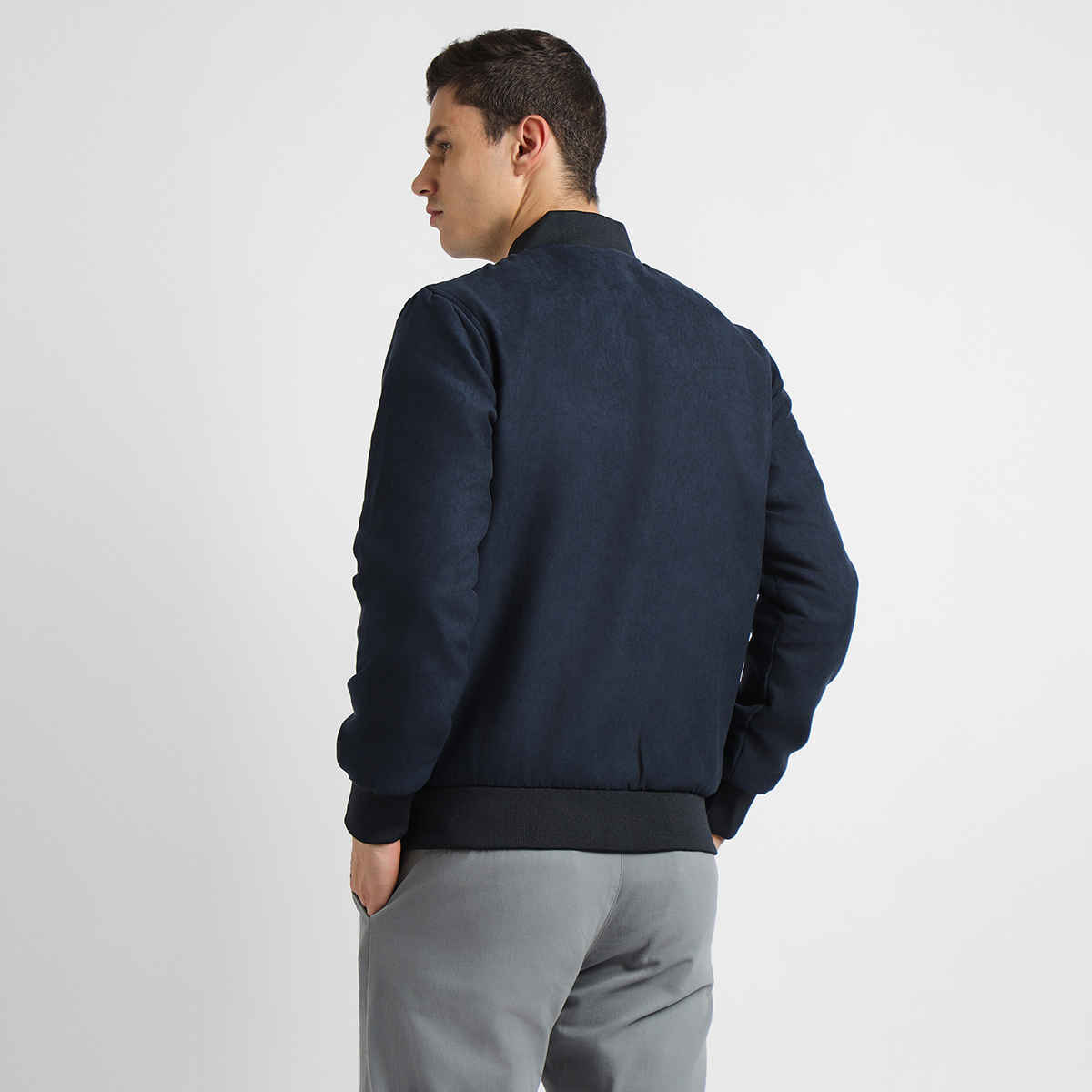 Dennis Lingo Men's Rib Collar Regular Fit Solid Navy Suede Bomber Jacket | Dlmjkw23030 - Nv | M