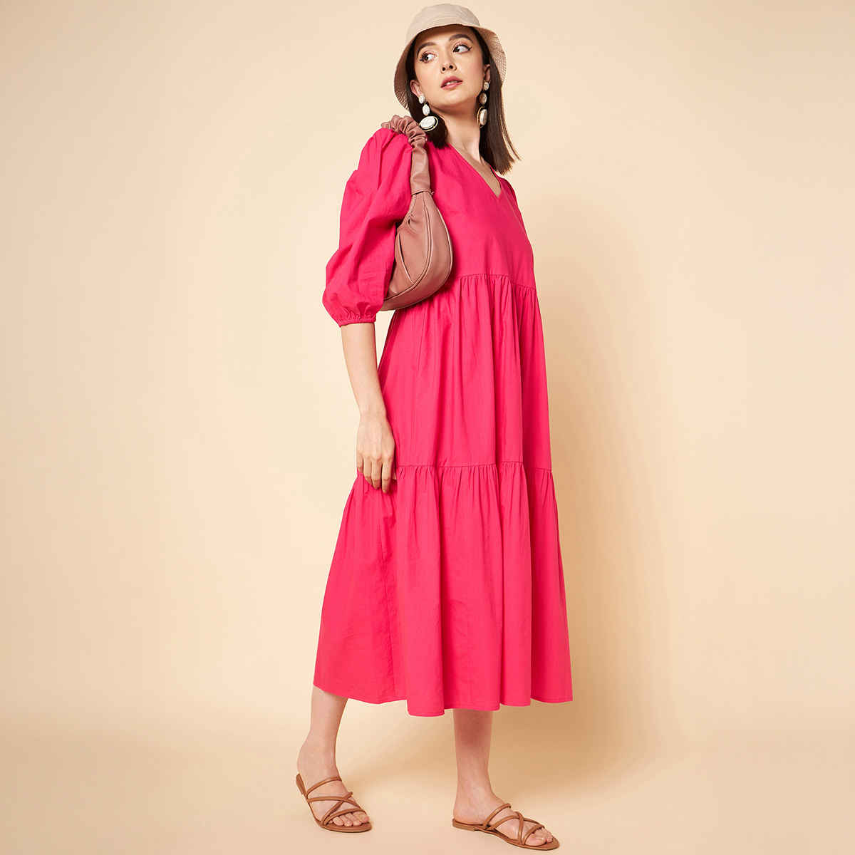 High Star Women Pink V-Neck Puff Sleeve Fit & Flare Midi Dress (Size-M)