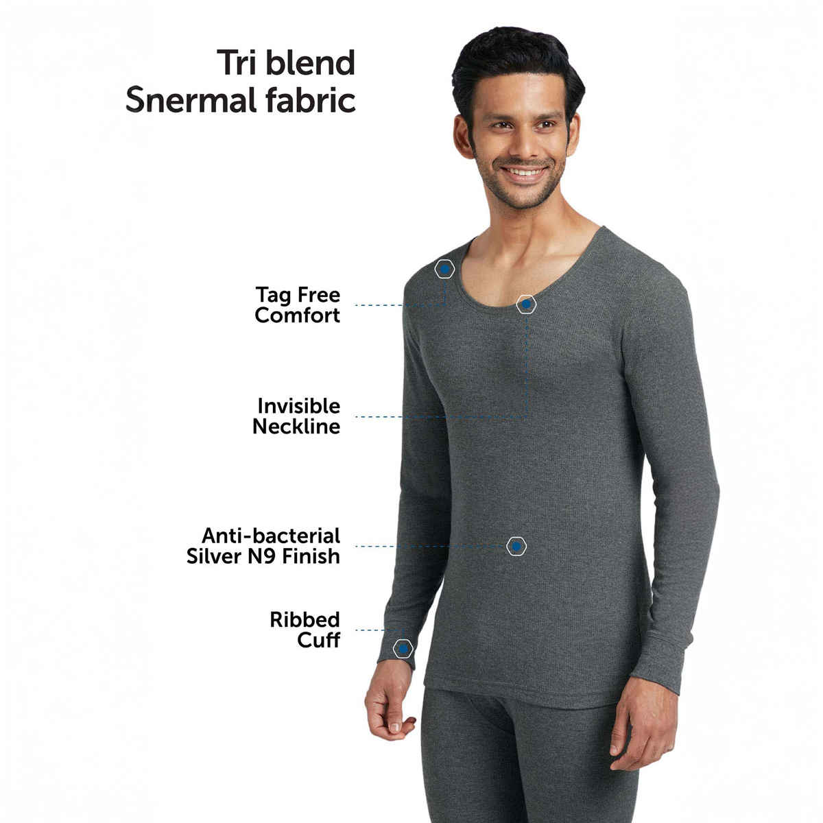 XYXX Men's Alpine Full Sleeve Thermal Tops, Charcoal Grey| M