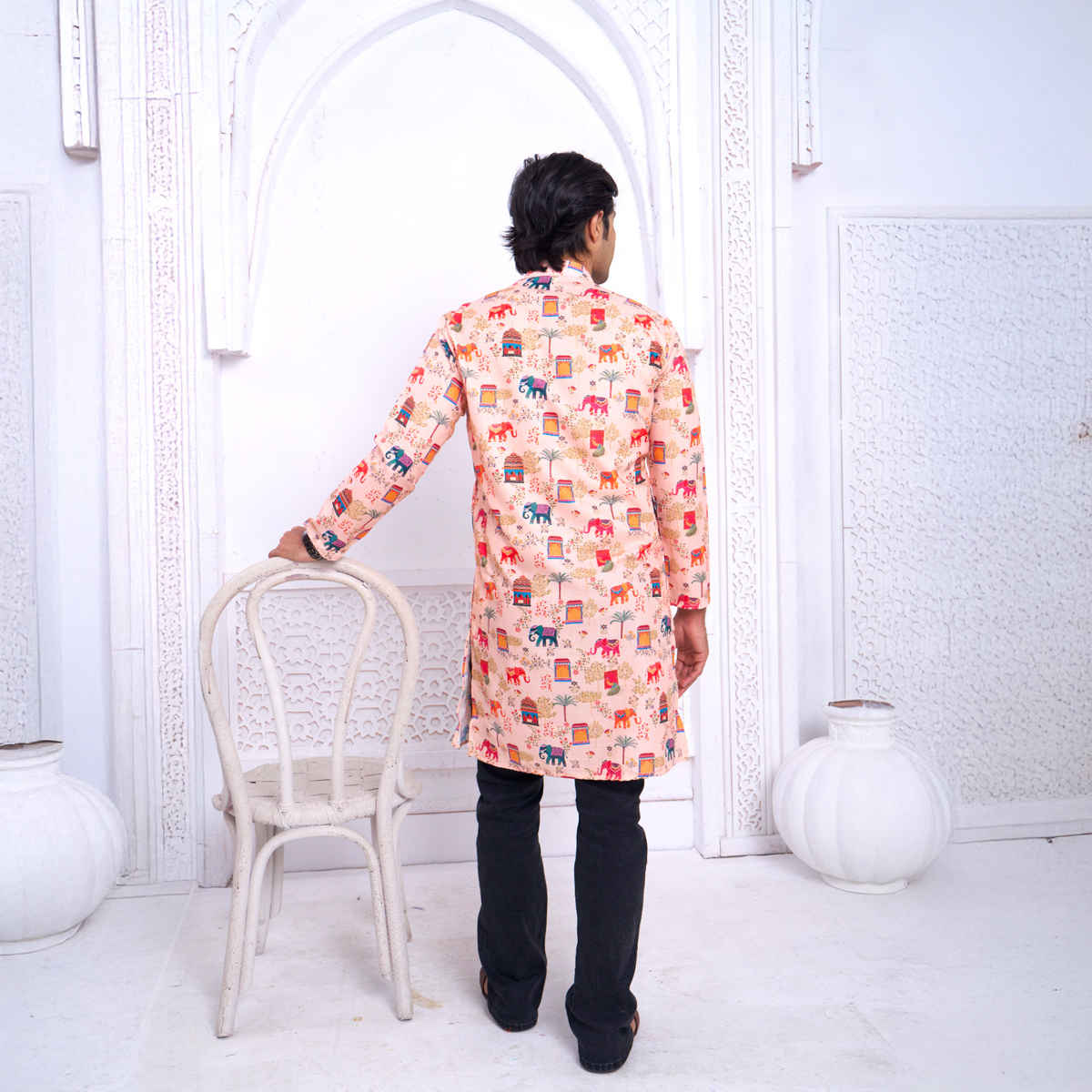 House Of Festivals Men's Printed Cotton Blend Ethnic Design Long Kurta | Multicolor - M