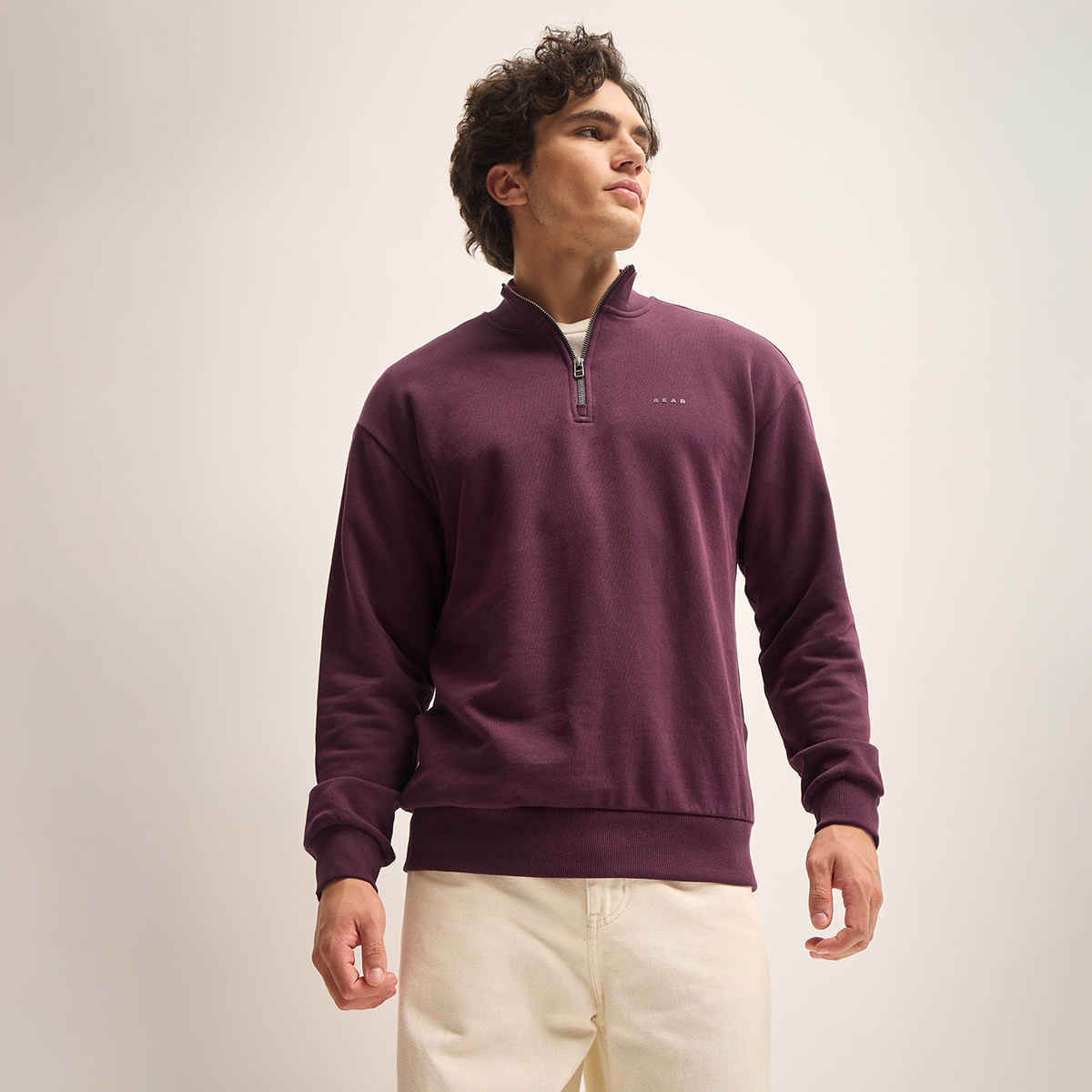 The Bear House Men's Solid Relaxed Fit High Neck Sweatshirt | Plum - M