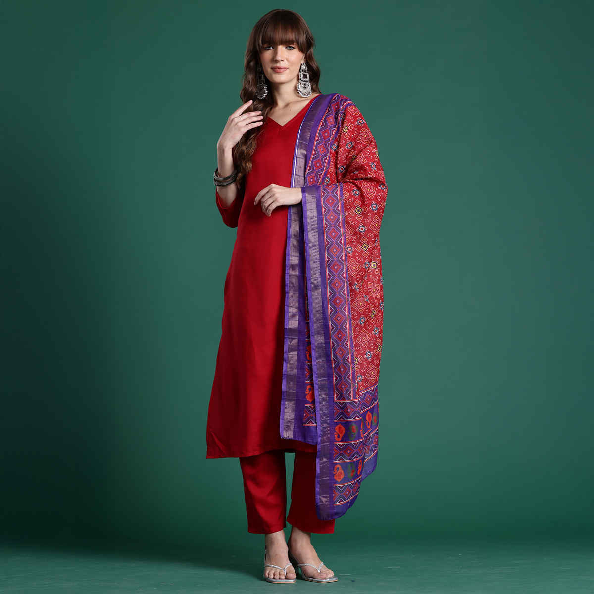 Indo Era Women's Solid Straight Kurta Pant with Dupatta Set | KH9RD10635 | Red - S