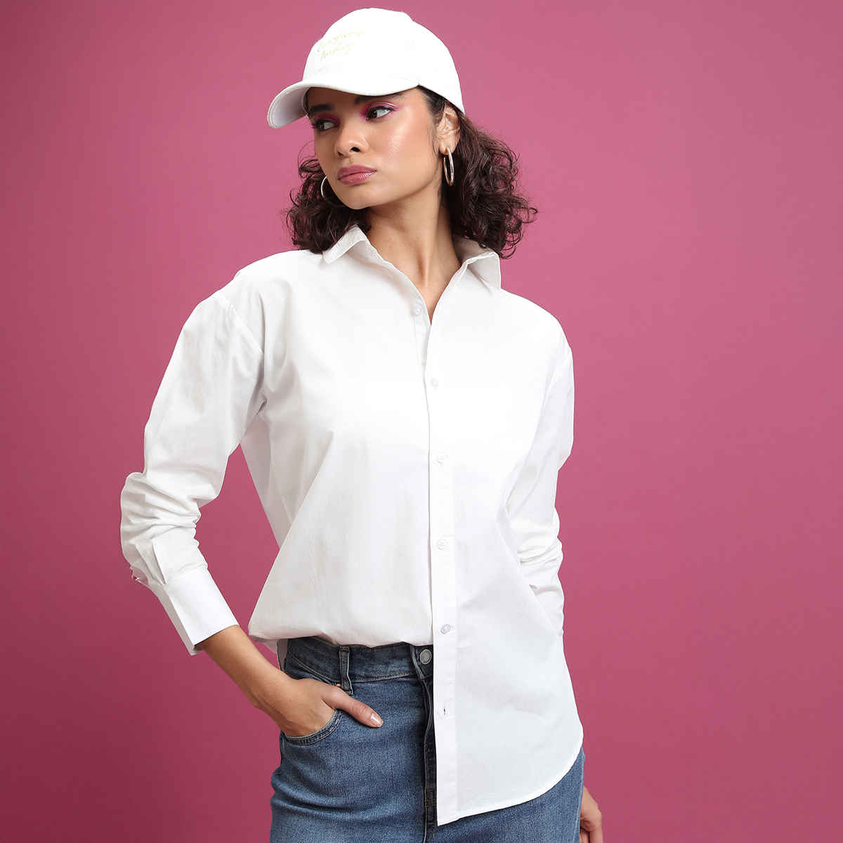 Tokyo Talkies Women's Slim Fit Drop-Shoulder Sleeves Cotton Oversized Shirt | White - S