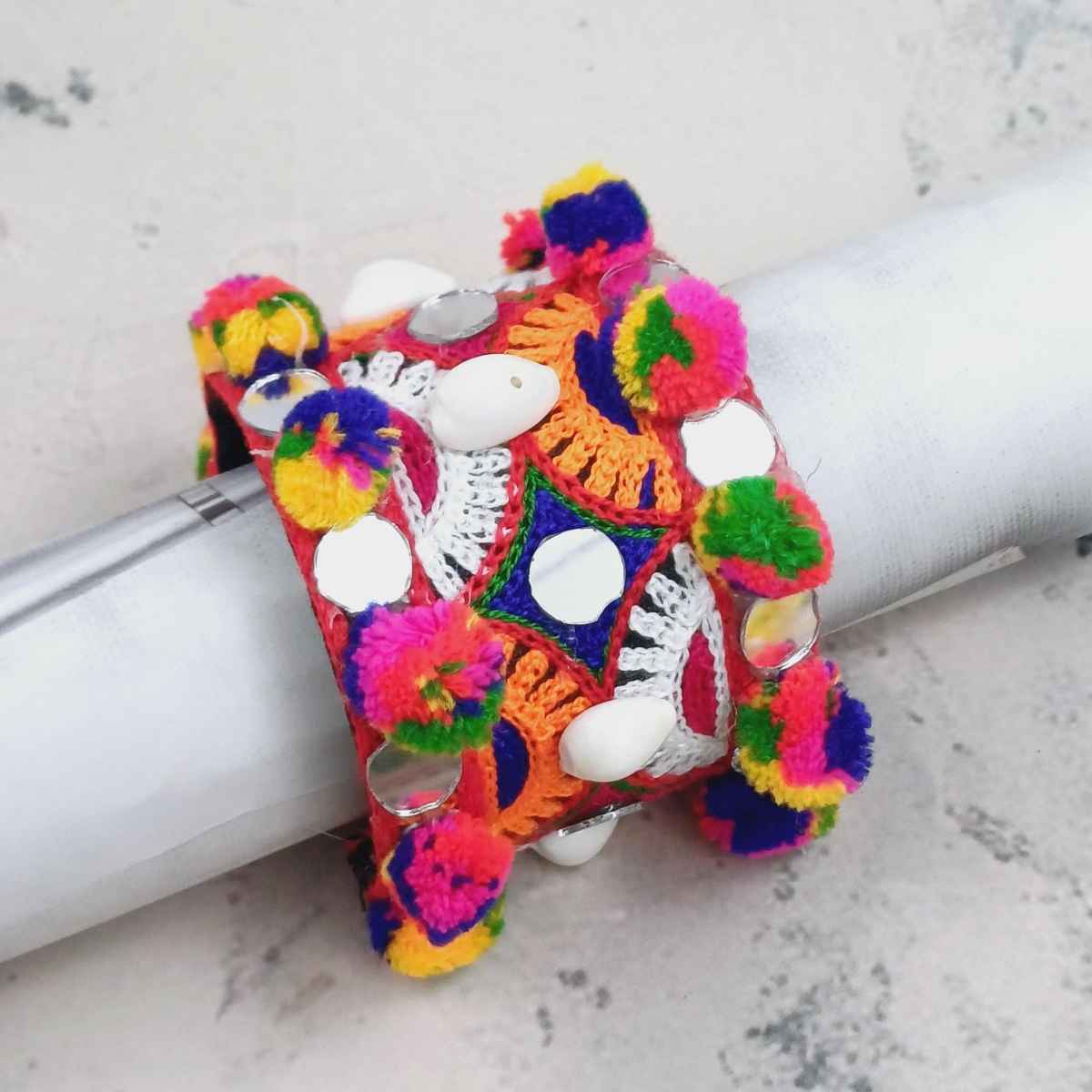 The Opal Factory Thread work Multicolour Flexible Bangle Kada with Pom Poms and Mirror | Free Size