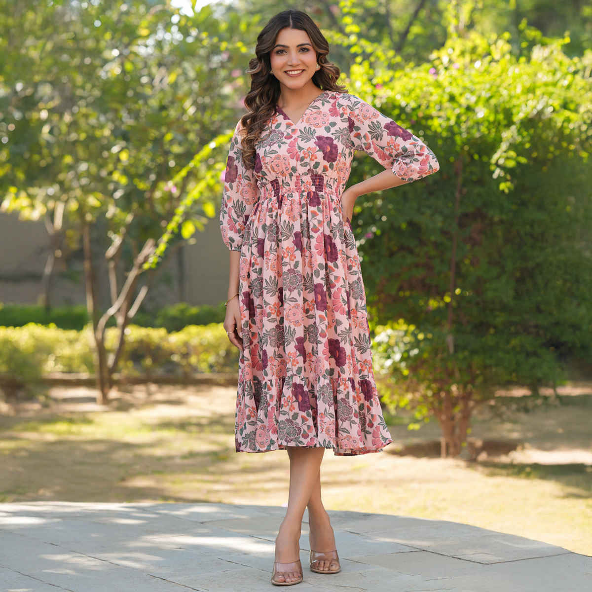 Janasya Women's Georgette Floral Printed Fit & Flare Dress | Peach - S