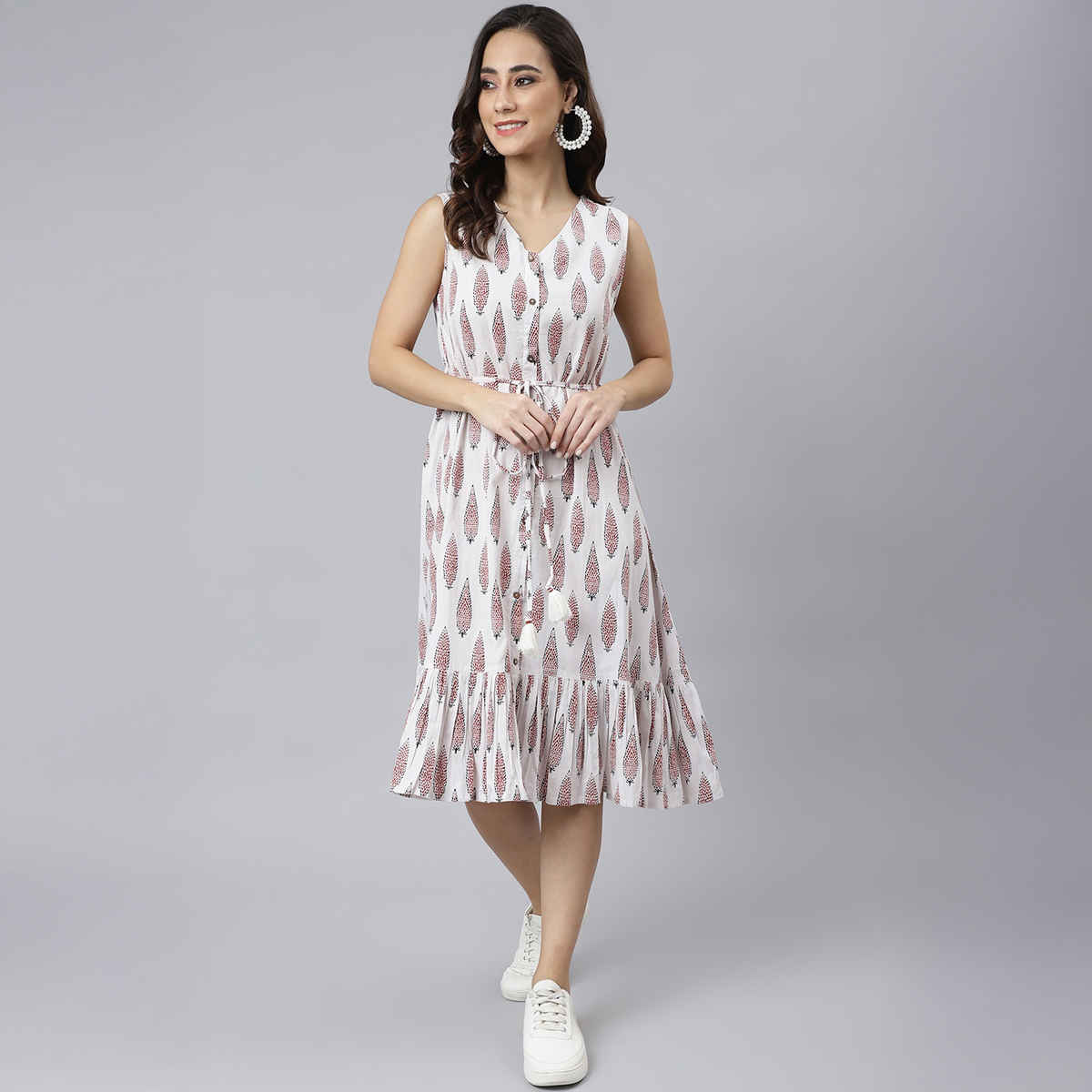 Janasya Women s White Pure Cotton Ethnic Motifs Flared Western Dress - JNE3942-DR - M