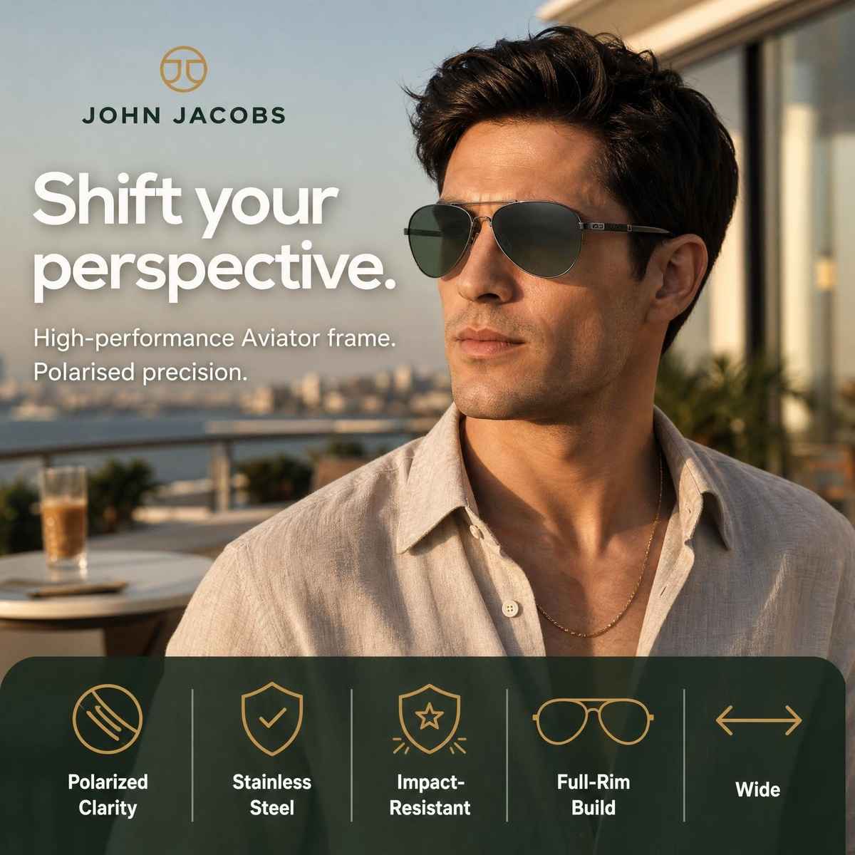 John Jacobs By Lenskart Unisex Metal Sunglasses | Gunmetal Green - Extra Wide
