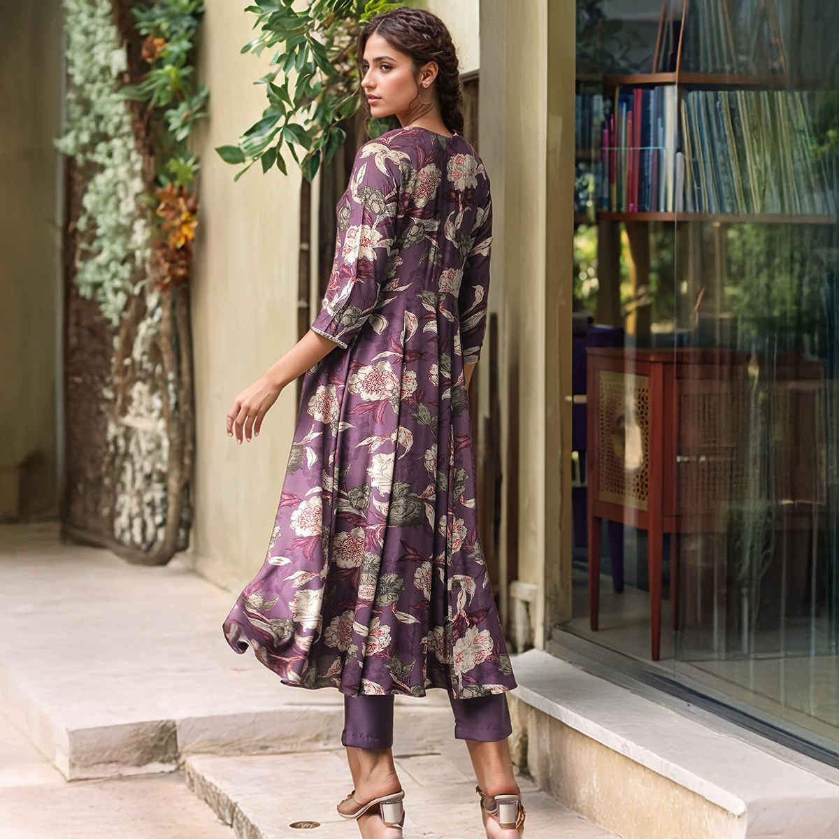 GoSriKi Women's Viscose Rayon Anarkali Printed Kurta with Pant | DAMIAN | Purple - L