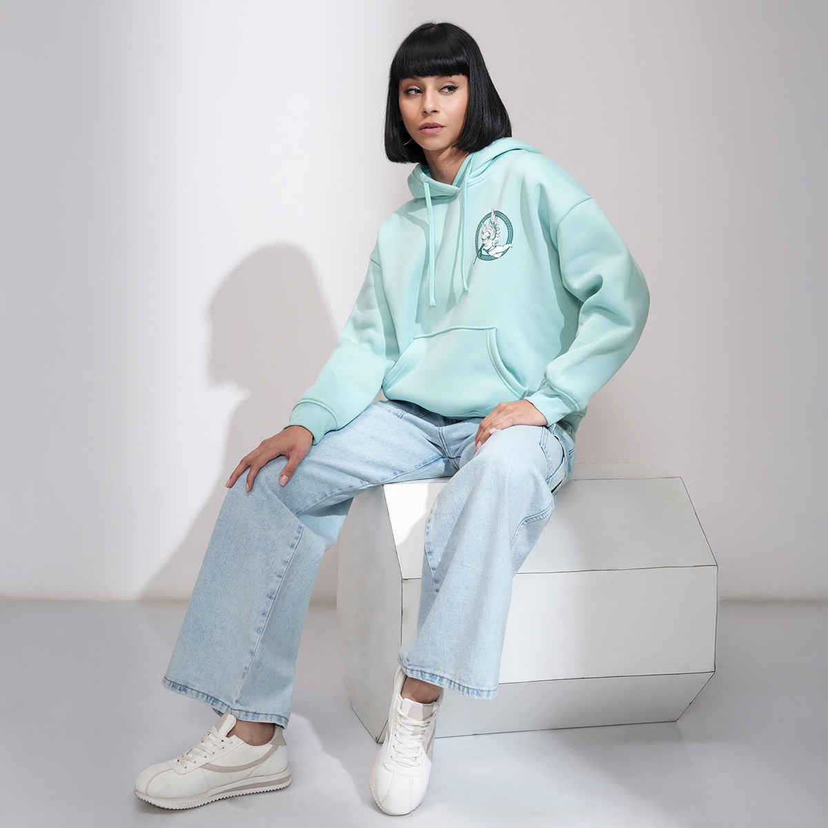 Tokyo Talkies Women's Graphic Printed Oversized Hooded Pullover Sweatshirt | Aqua - S