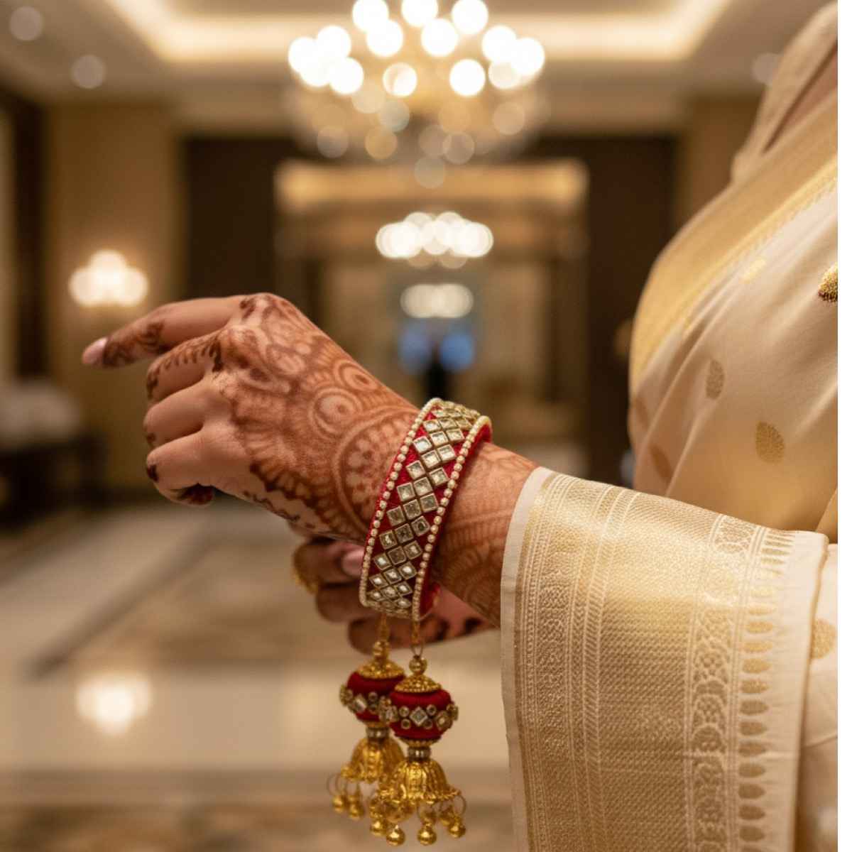 The Opal Factory Kundan Silk Thread Flexible Size Bangle | Jhumki Latkan | Red - Flexible