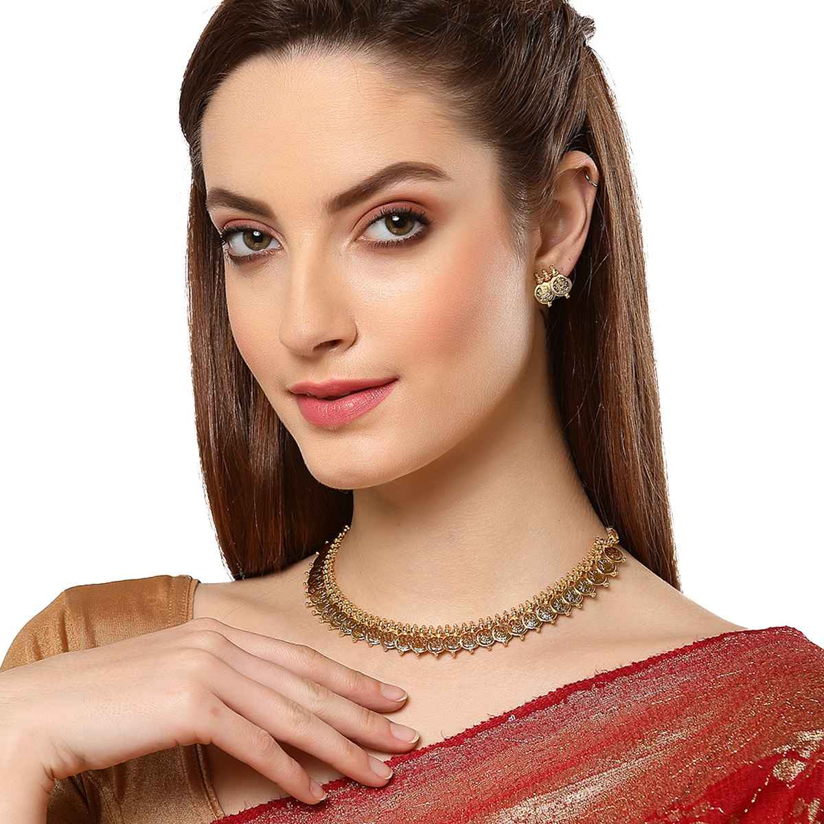 Zeneme Gold Plated Laxmi Temple Coin Necklace Set With Earrings Jewellery For Women & Girls