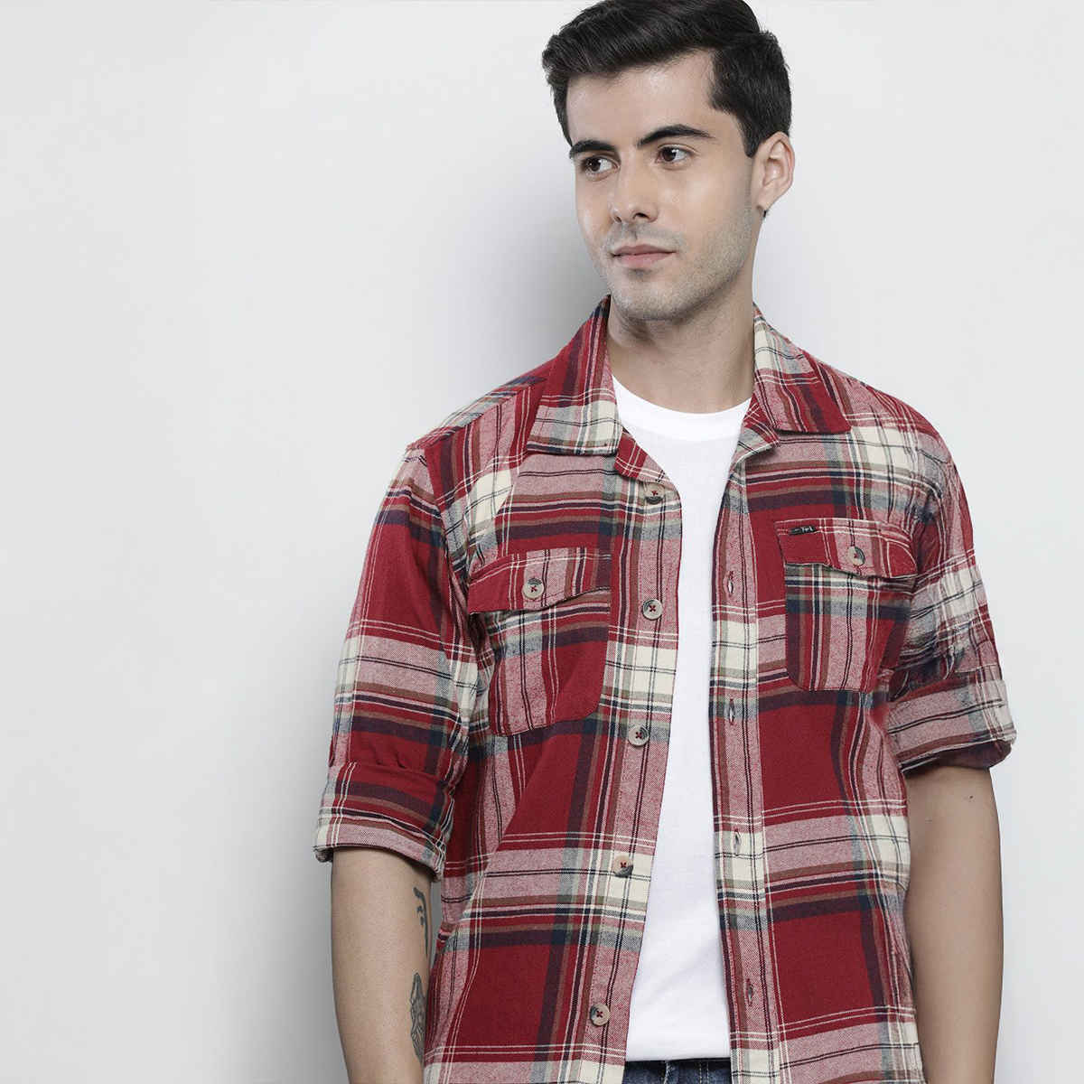 The Indian Garage Co Men's Regular Fit Checkered Casual Shirt | Maroon - XL