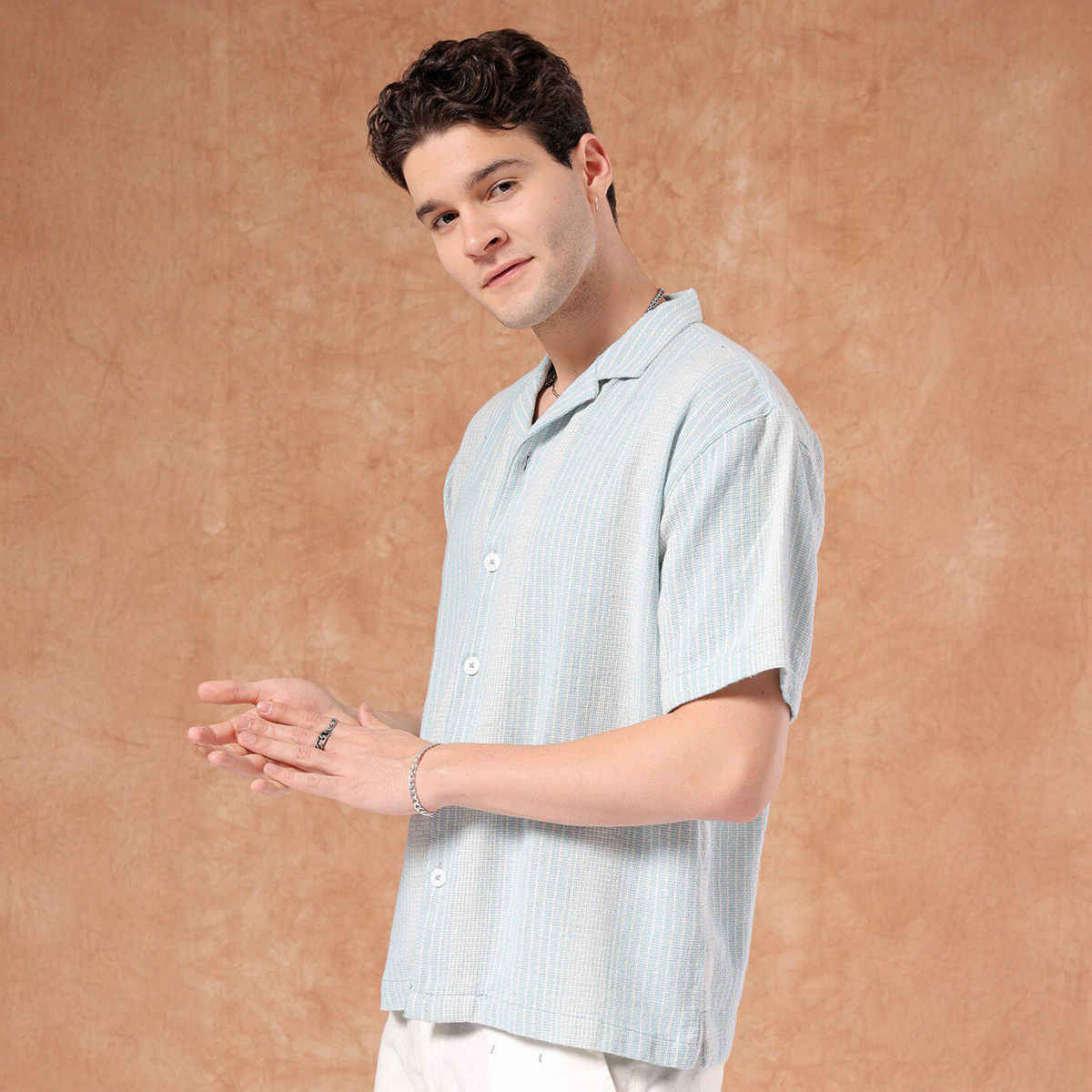 The Indian Garage Co Men's Relaxed Fit Striped Resort Half Sleeve Shirt | Blue - S