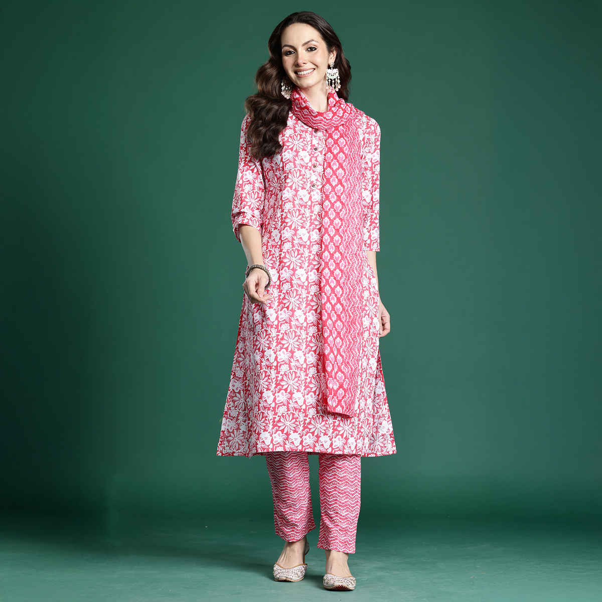 Indo Era Women's Printed Straight Kurta Pant with Dupatta set | KH0PK11044 | Pink - XL