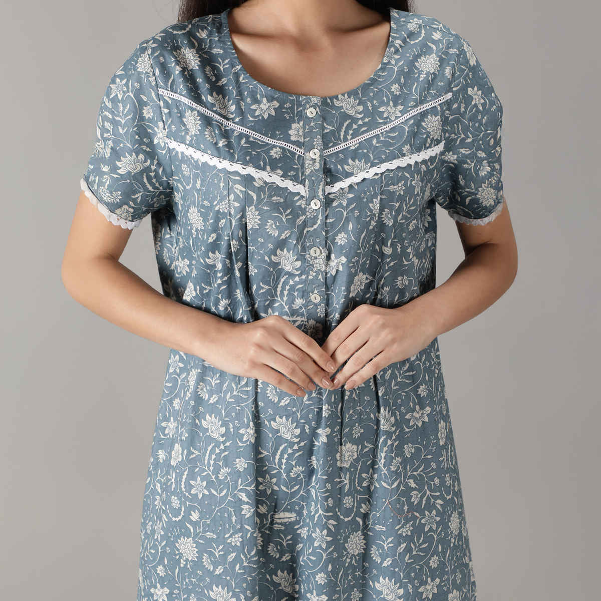 NIHSAMAH Women's Premium Frills & Laces Nighty | Full Length | Greyish - 2XL