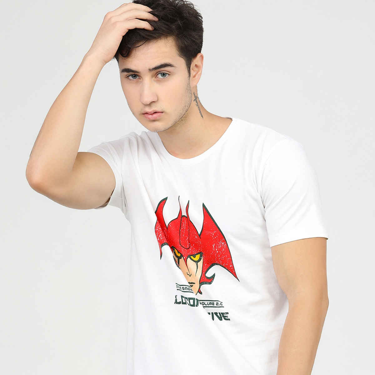 Locomotive Men's Round Neck Short Sleeve Slim Fit Printed T-shirt | White - S