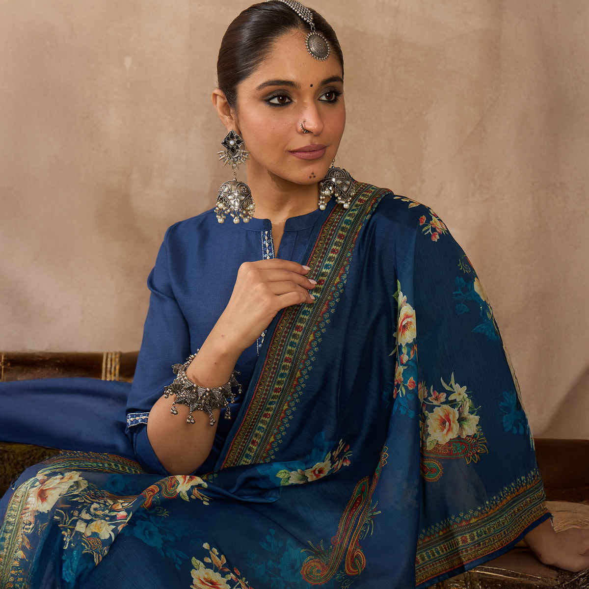 INDO ERA Women's Embroidered Straight Kurta Trouser with Dupatta Set | Blue - XL