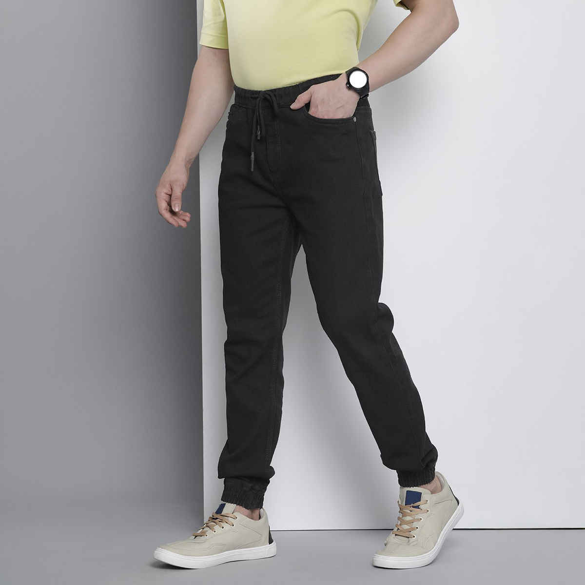 The Indian Garage Co Men's G201 Slim Fit Solid Casual Denim Jogger | Black | 36