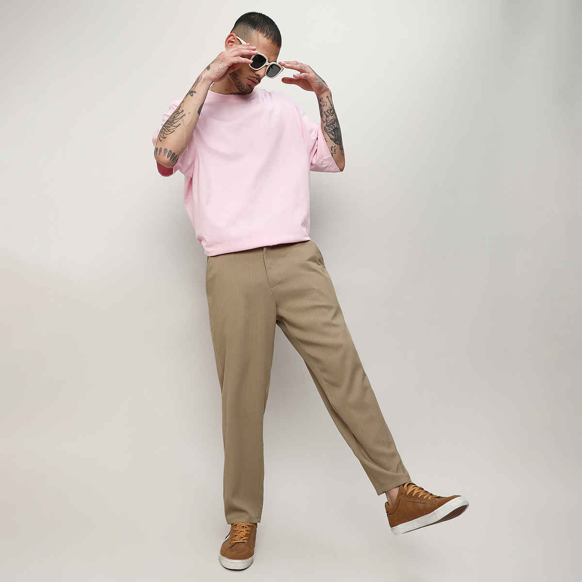 Campus Sutra Men's Solid Tailored Trousers | Brown Beige - 30