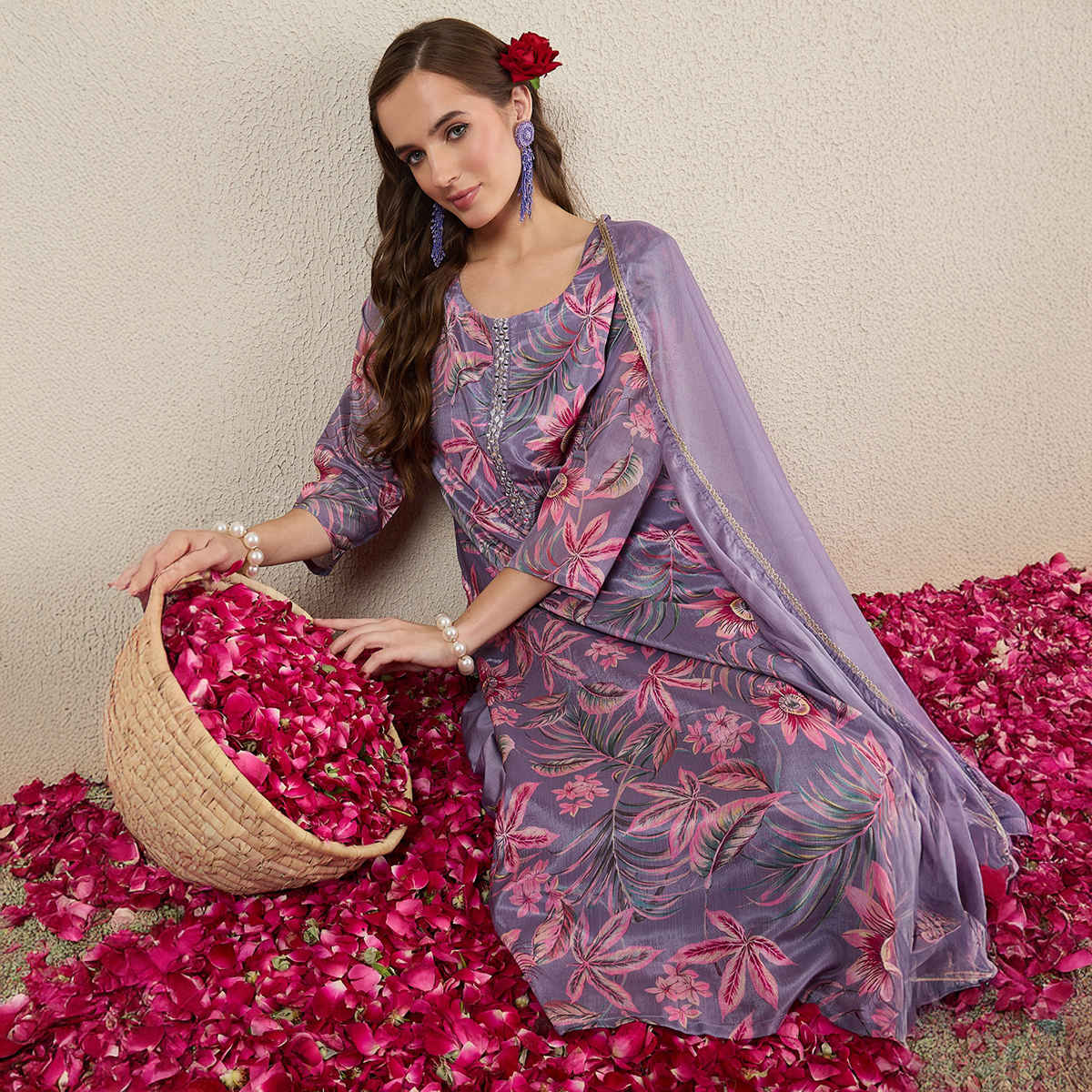 Indo Era Women's Printed Straight Kurta Pant with Dupatta set | KH9LV10858 | Lavender - XL