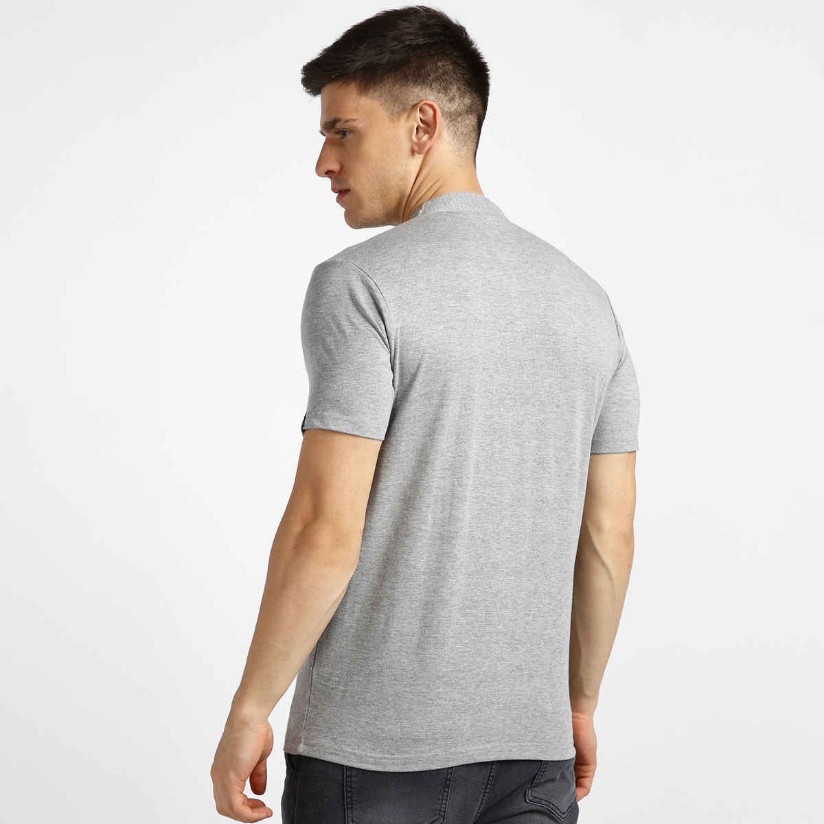 Urbano Fashion Men's Grey Melange Solid Mandarin Collar Slim Fit Half Sleeve Cotton T-Shirt-M