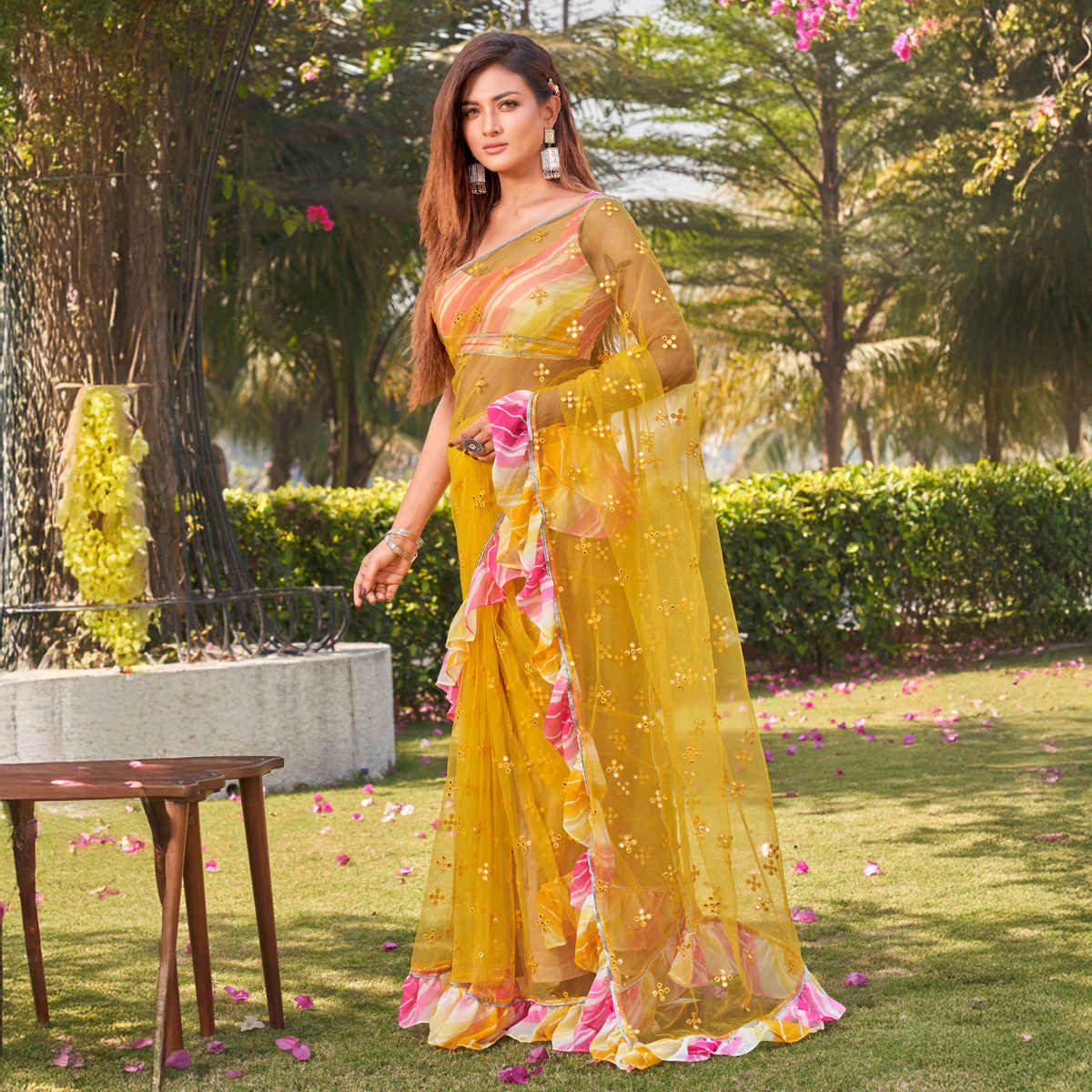 Tikhi Imli Women's Net Ruffle and Faux Mirror Work Saree with Unstitched Blouse | Yellow