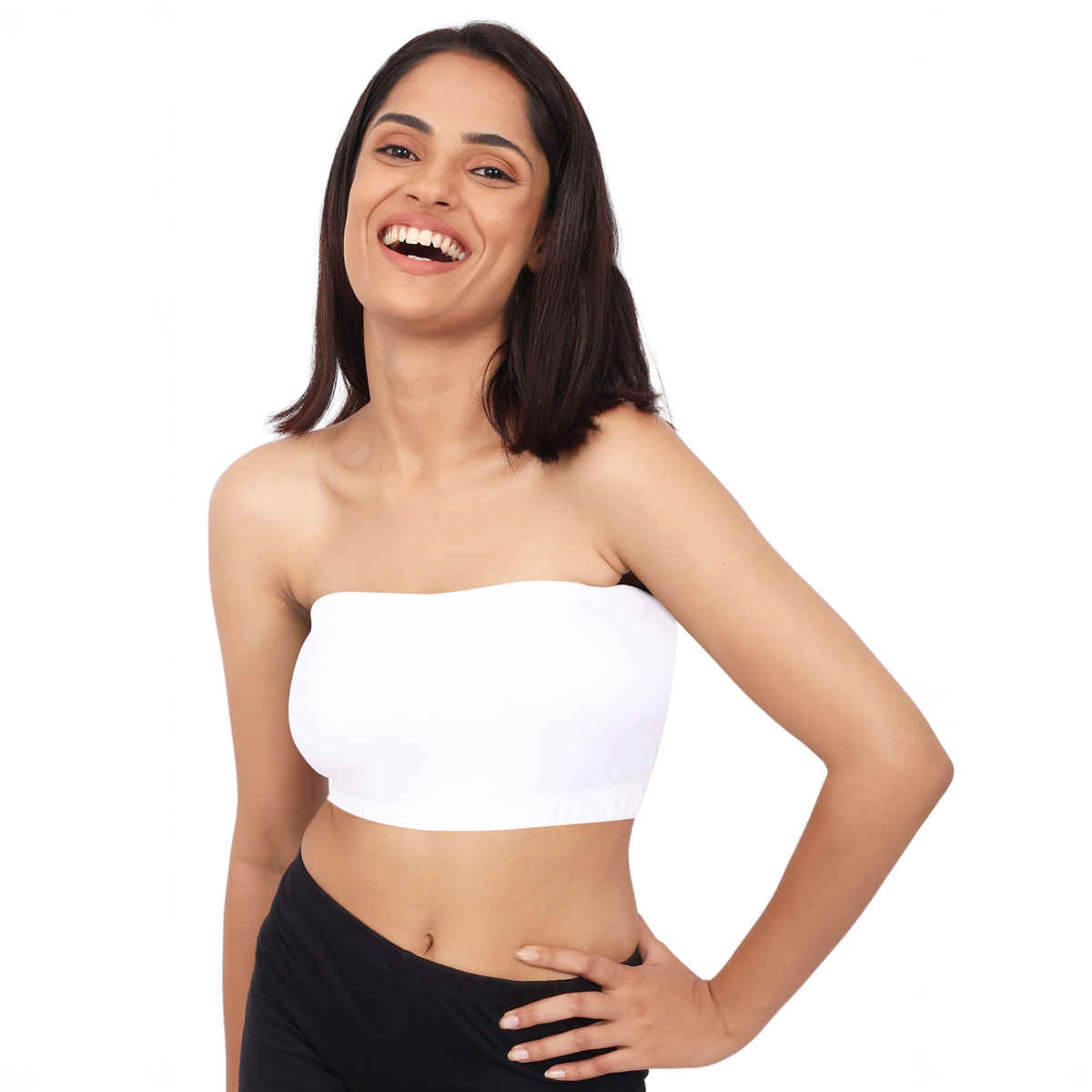 D'chica Double-Layer Cotton Strapless Bra | Non Padded Bandeau | Solid White - M