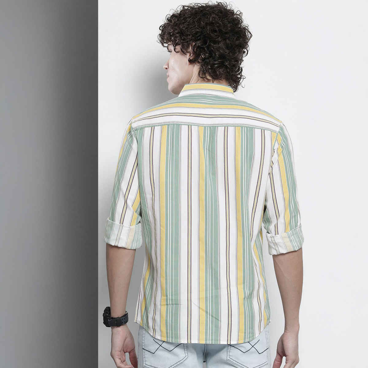 The Indian Garage Co Men's Regular Fit Striped Casual Shirt | Green - M