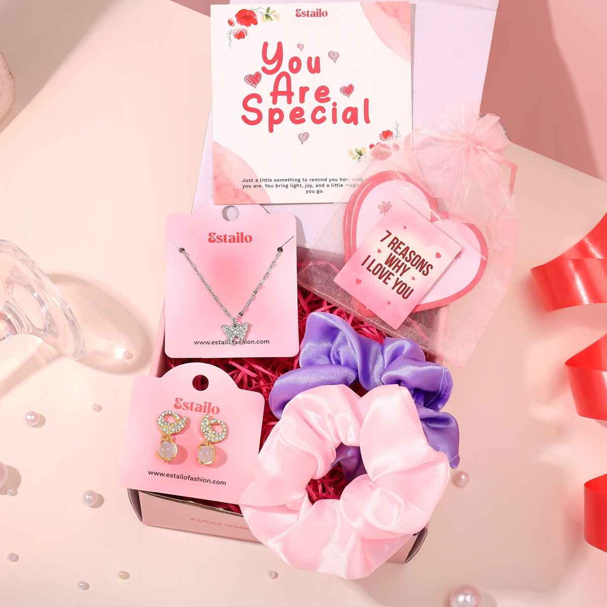 Estailo Fashion Scrunchies, Necklace & Earrings Gift Combo | Mother's Day