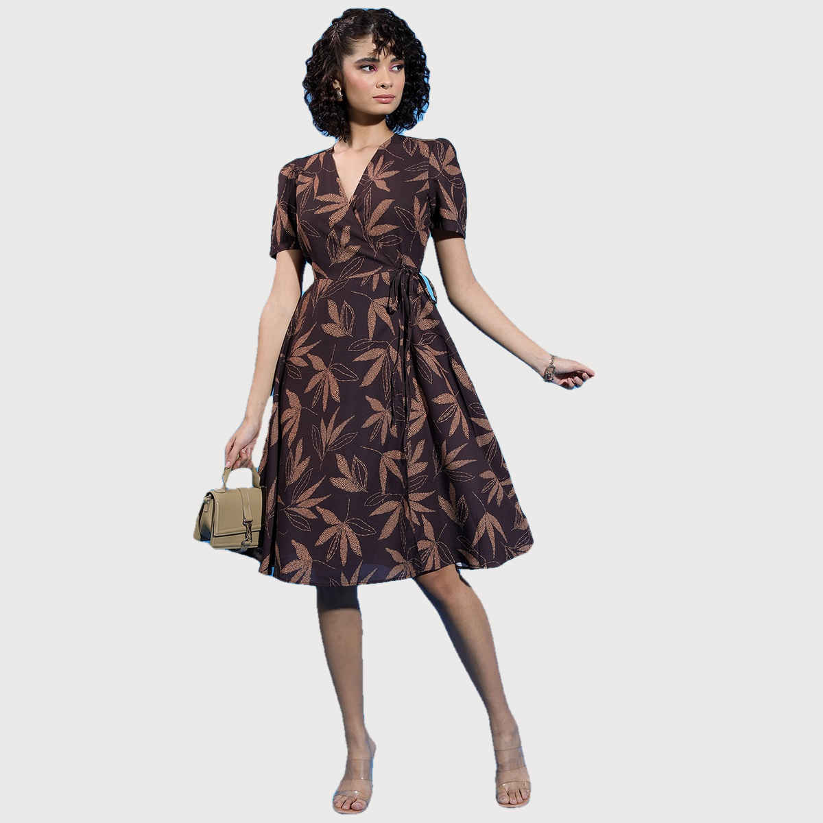 Ketch Women's Printed Fit & Flare V-Neck Wrap Dress | Brown - S