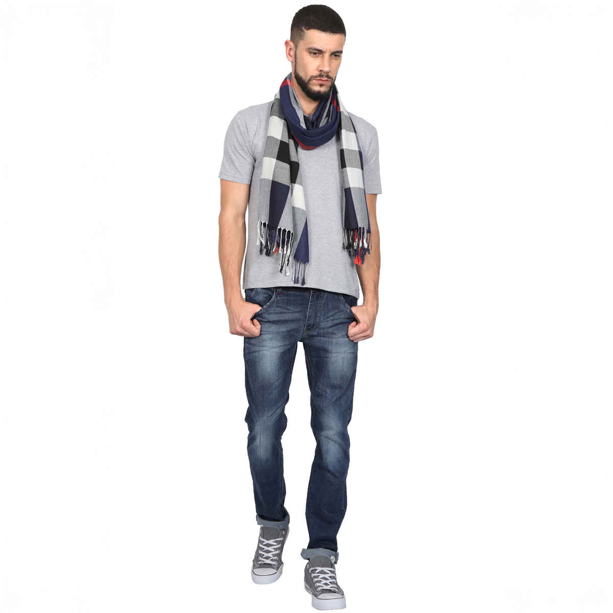 Fabseasons Unisex Checkered Cotton Blend Scarf | Navy